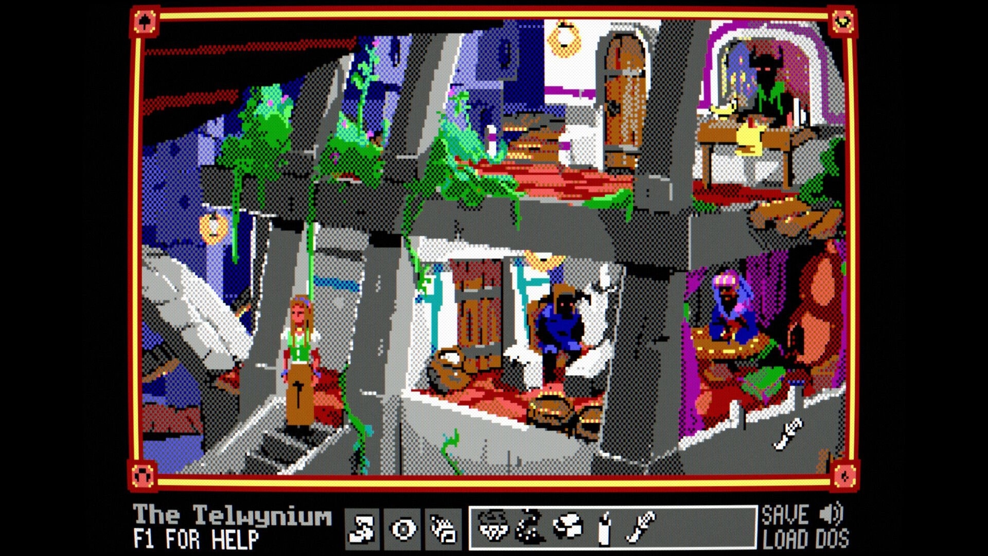 The Telwynium: Hero explores stone tower rooms with vines, NPCs, and bottom icon command bar UI.