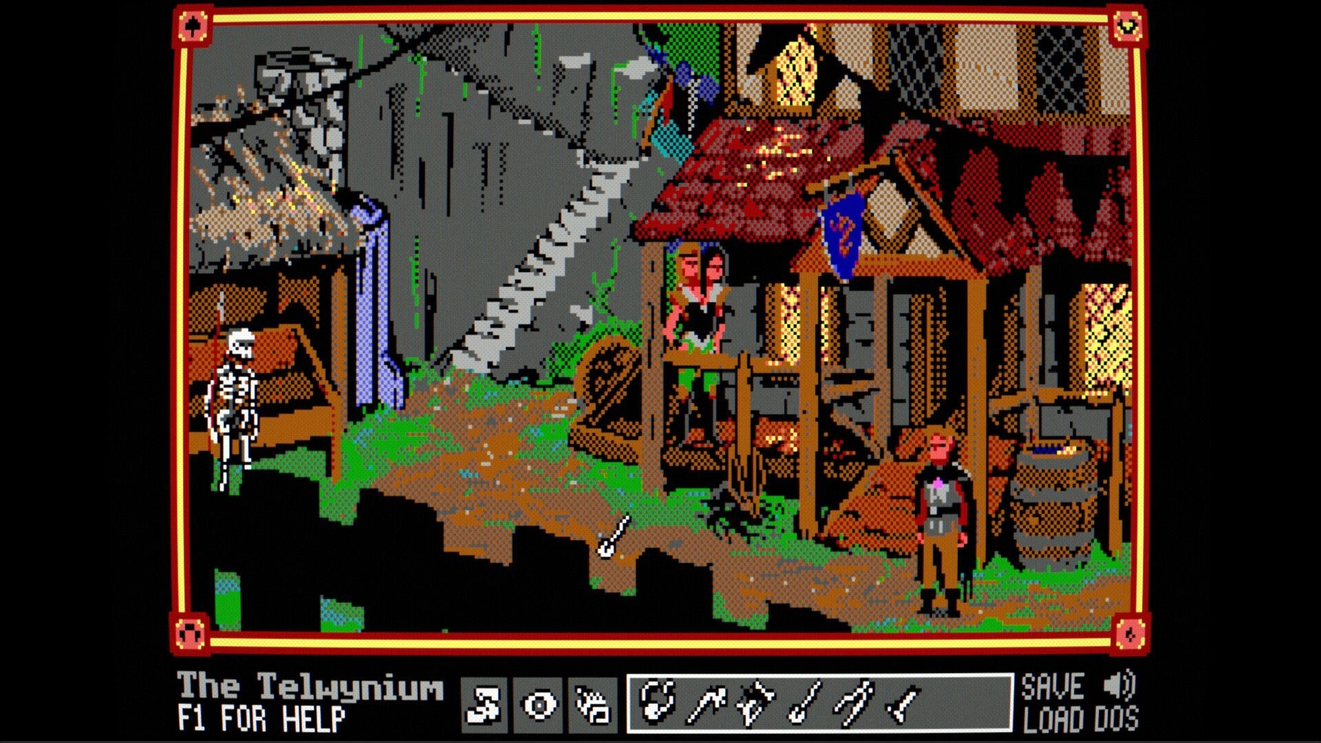 The Telwynium: Pixel village street with guard, skeleton, and UI icons beside timbered houses.