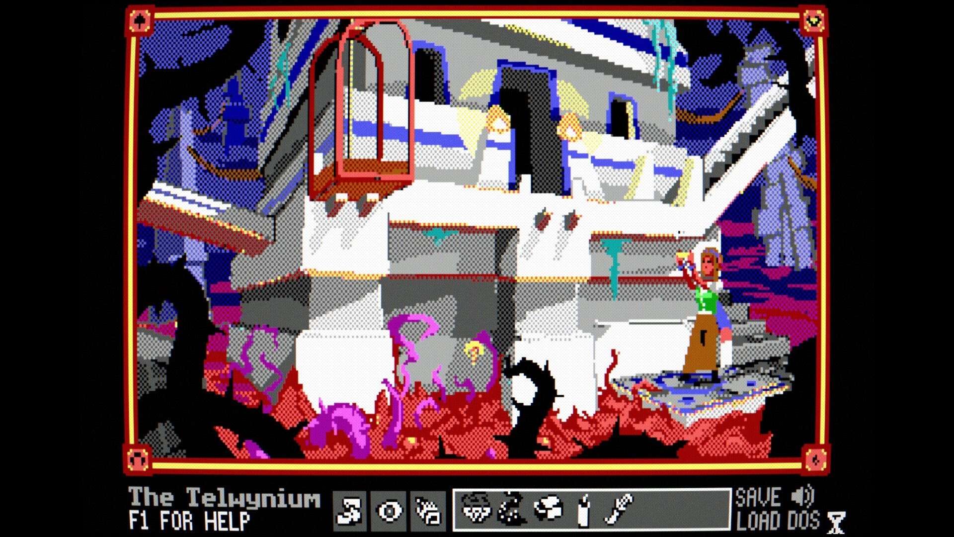 The Telwynium: Adventurer raises a torch by a white tower in a cave, with inventory icons below.