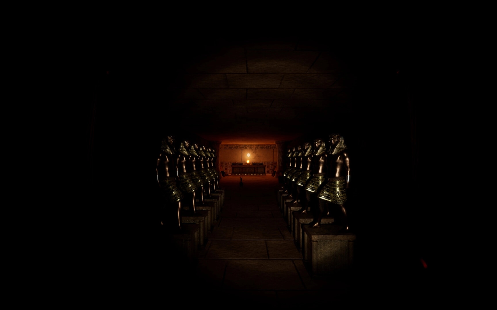 The Third: Dark corridor lined with ancient statues leading to a dimly lit altar in a cursed temple