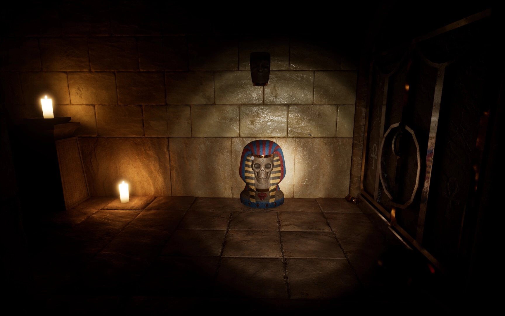 The Third: Dimly lit temple room with a pharaoh bust and glowing candles on stone floor