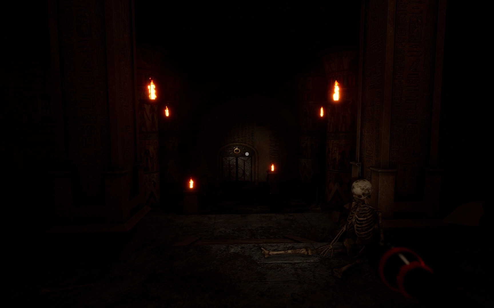 The Third: Skeleton near torch-lit ancient door in dark temple hallway