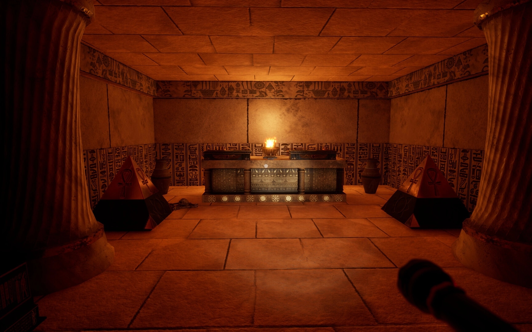 The Third: Ancient temple room with hieroglyphics, pyramids, and a central altar illuminated by fire.