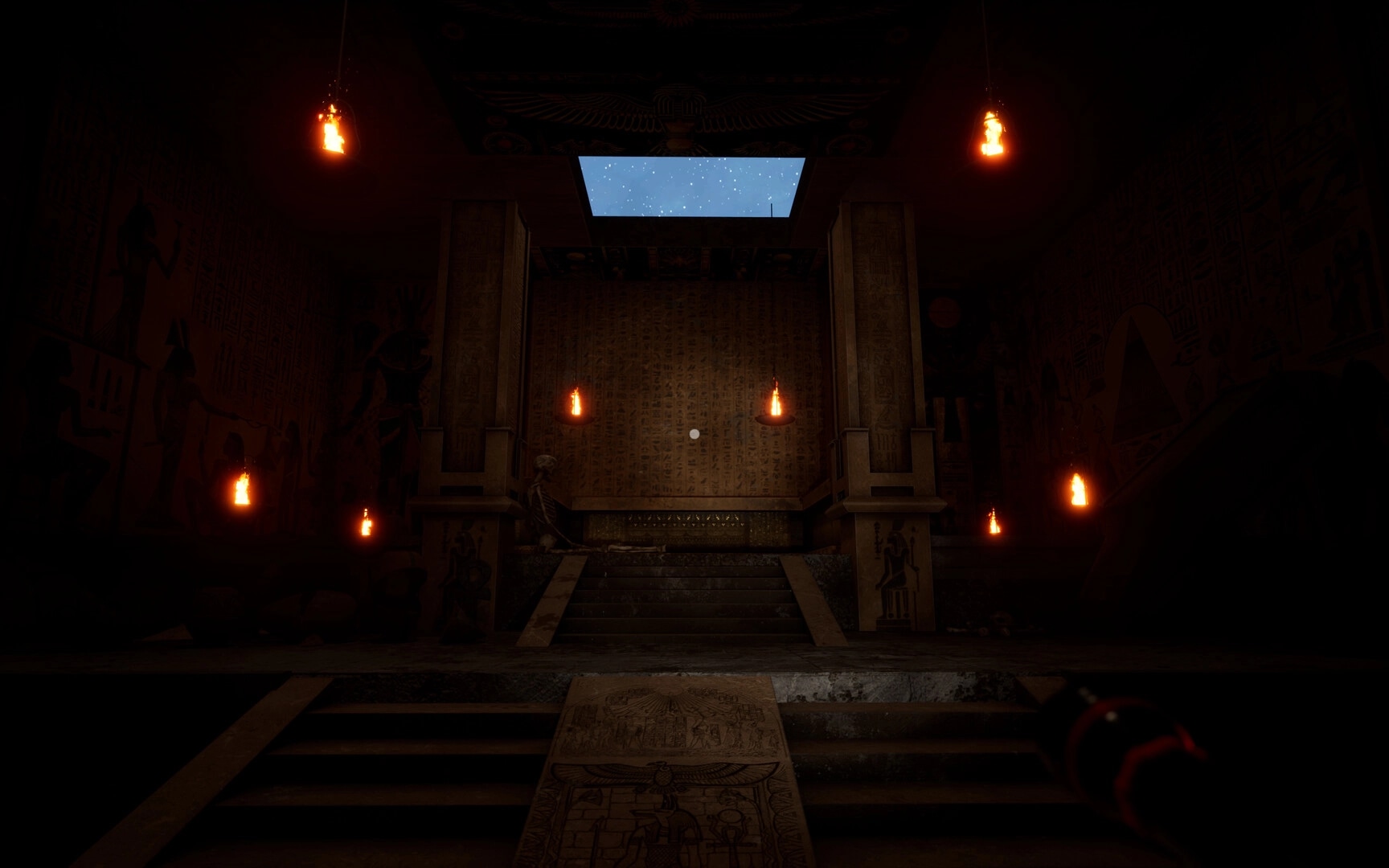 The Third: Exploring a dimly lit temple chamber with ancient hieroglyphs and glowing torches