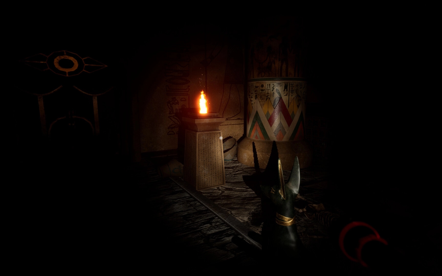 The Third: Dimly lit temple with burning torch and Anubis statue in shadowy corner