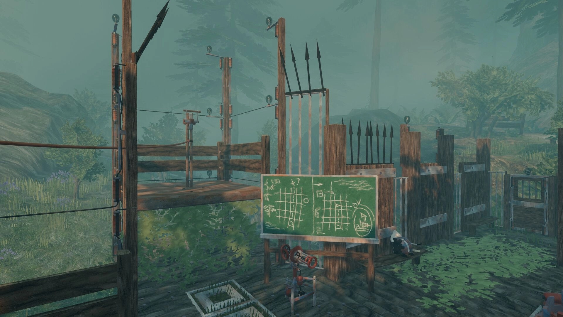 The UNDA Legacy: Chalkboard puzzle diagrams beside wooden platforms and poles in a misty swamp lab area.