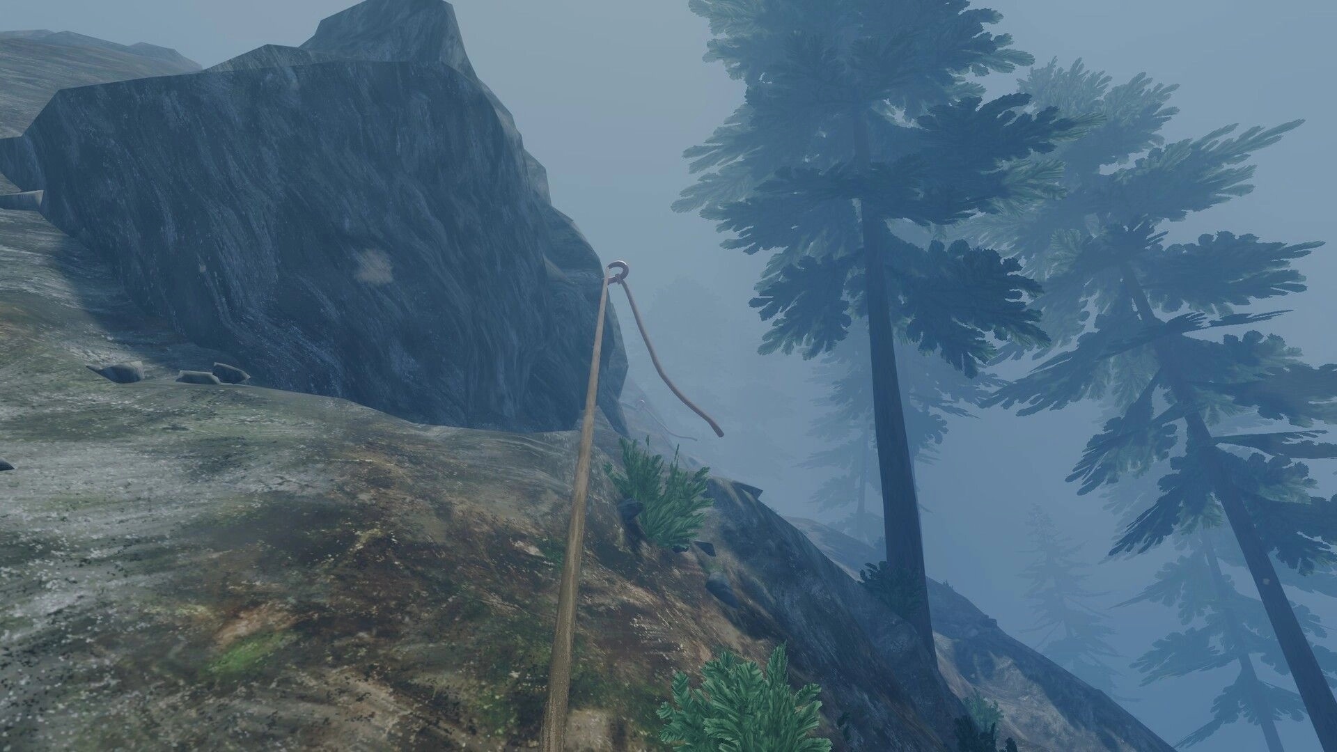 The UNDA Legacy: First-person view climbing a foggy rocky slope with a rope line among tall pines.