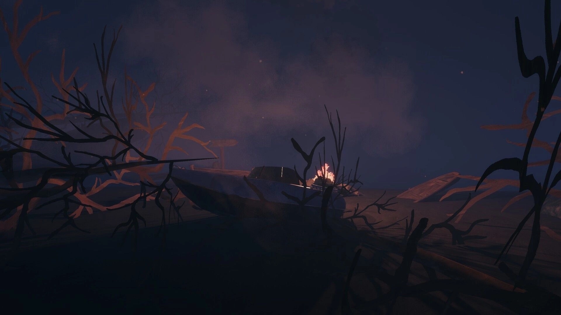 The UNDA Legacy: Wrecked boat beside a small campfire amid foggy reeds and dark water at night.