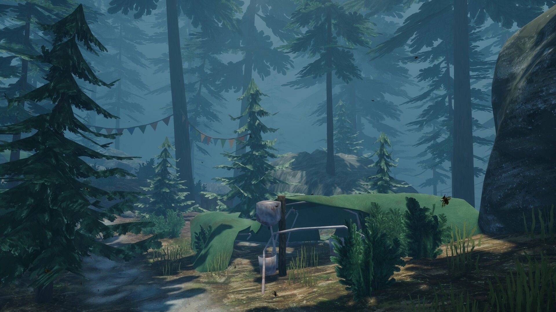 The UNDA Legacy: Exploring a misty pine forest with a mossy bunker entrance and hanging flags nearby.