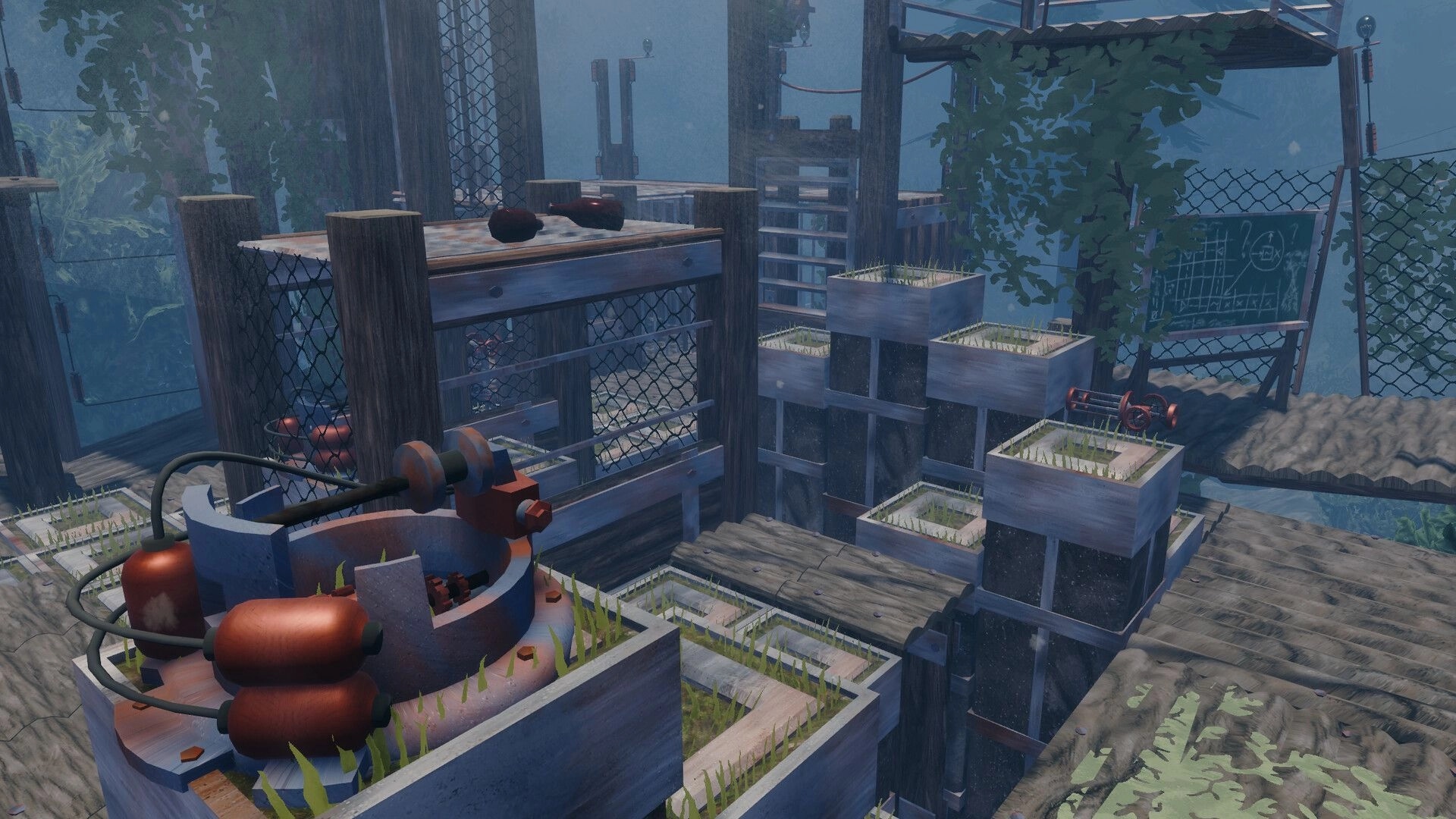 The UNDA Legacy: View of a rooftop puzzle platform with copper coils, planters, and chalkboard notes.