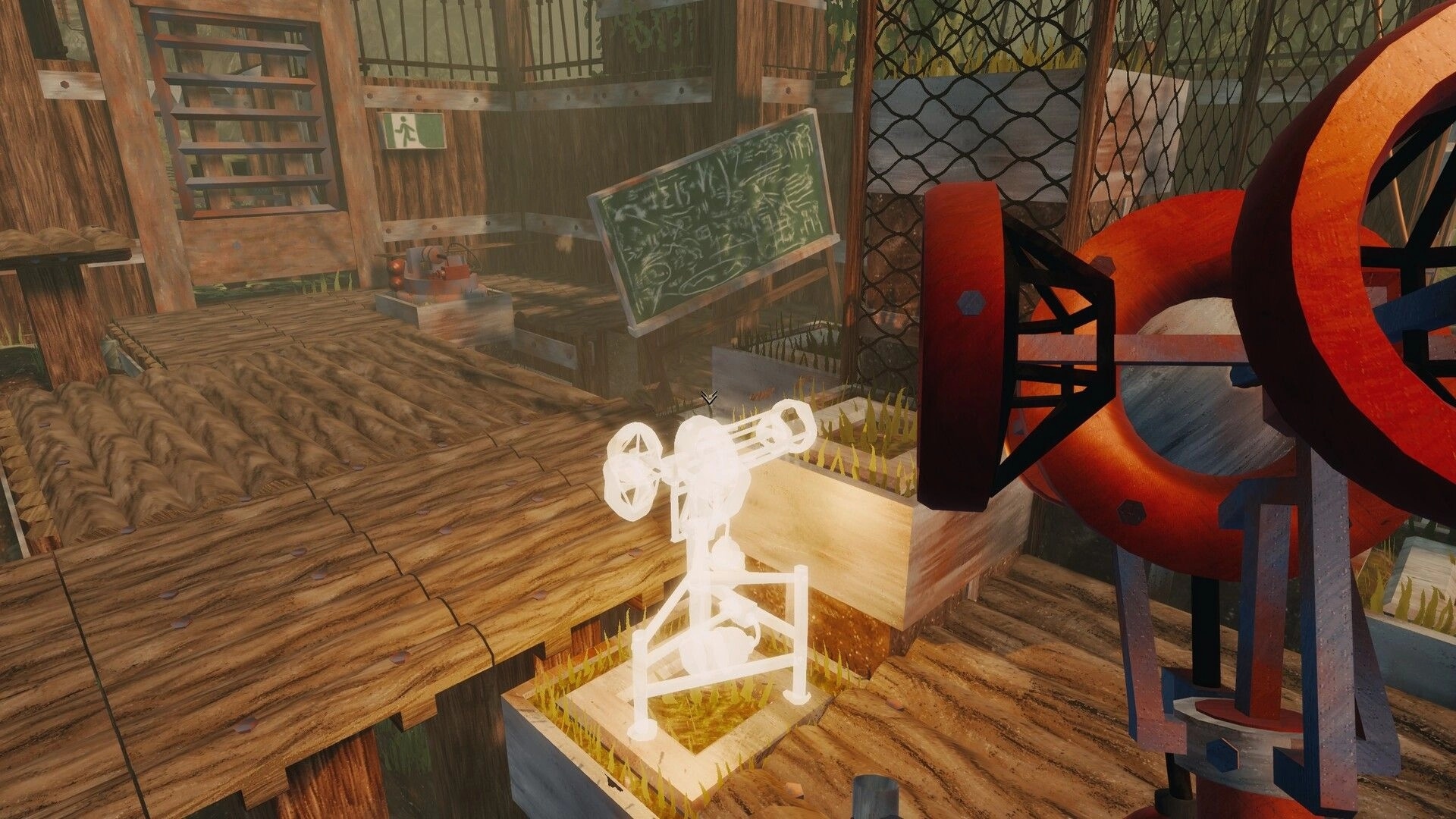 The UNDA Legacy: Glowing hologram device beside a huge orange rotor in a wooden lab room.