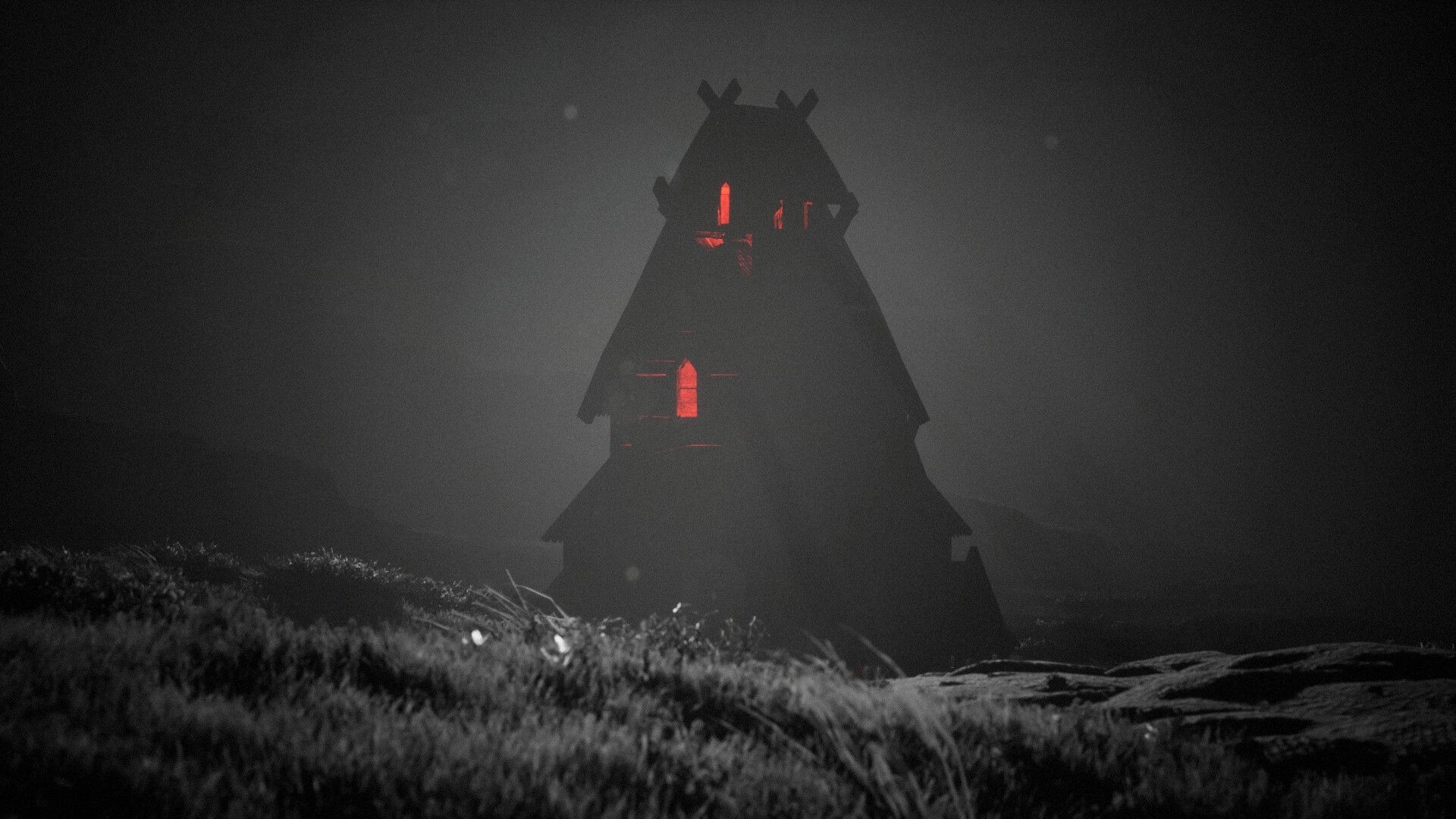 The Unworthy: Distant crooked house with glowing red windows looming through heavy fog over grassland.