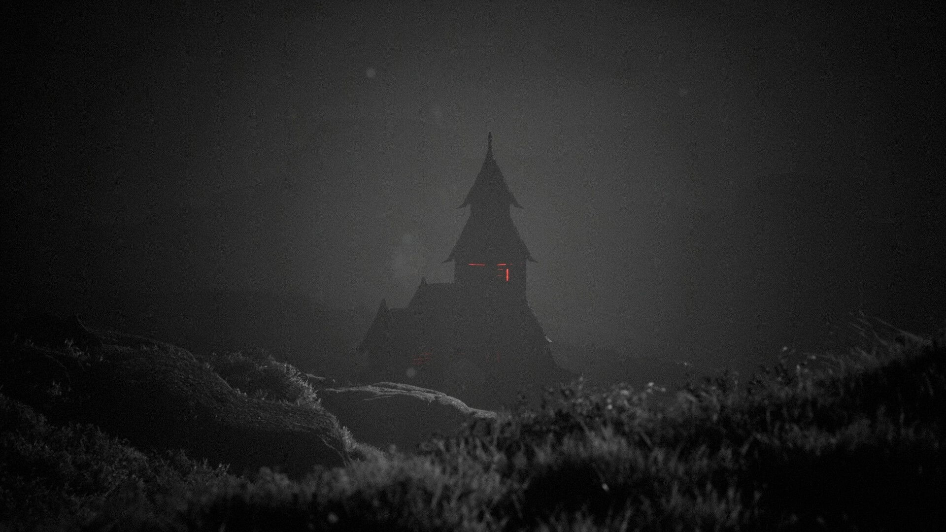 The Unworthy: Distant silhouette of a spired house with red-lit windows in heavy fog at night.