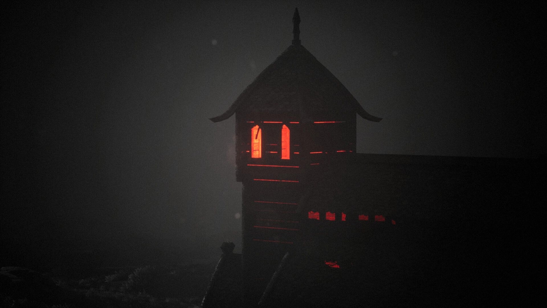 The Unworthy: Red-lit wooden chapel silhouette looming in thick fog, minimal HUD in darkness.