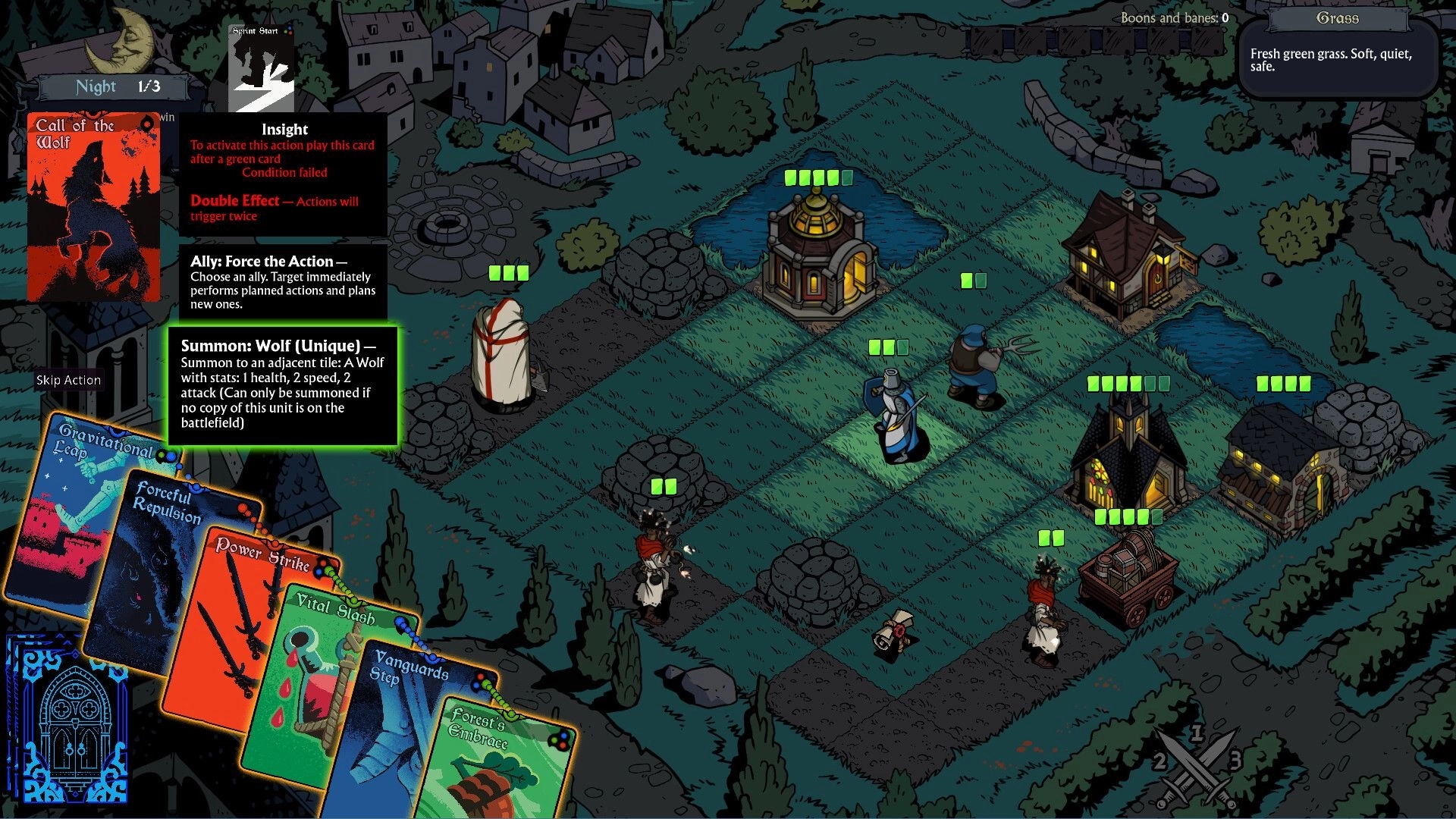 The Vow: Tactical grid with cards, character units, and illuminated buildings in a dark village setting.