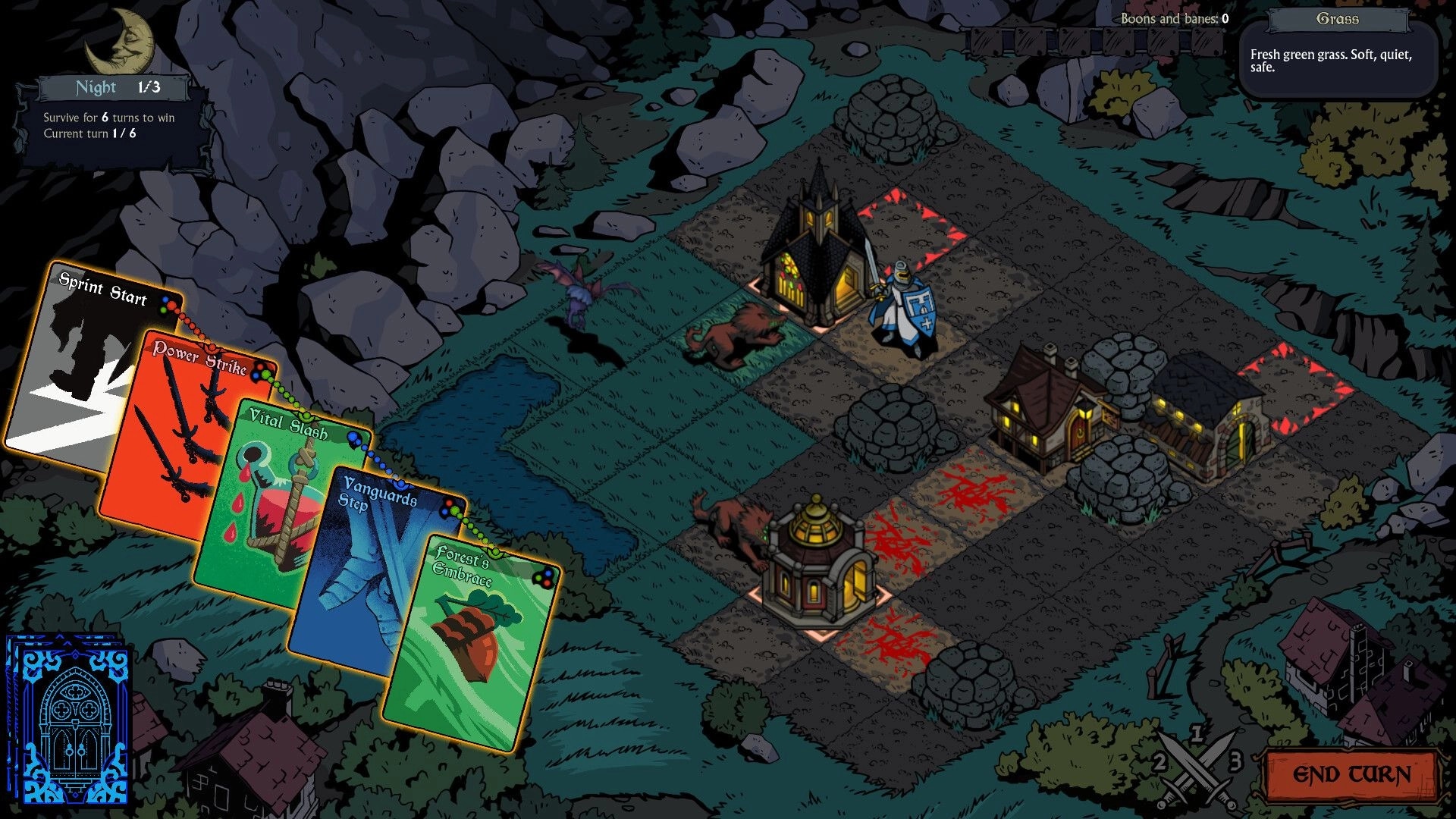 The Vow: Tactical grid with knight facing a bat and a boar, five action cards displayed on the left.