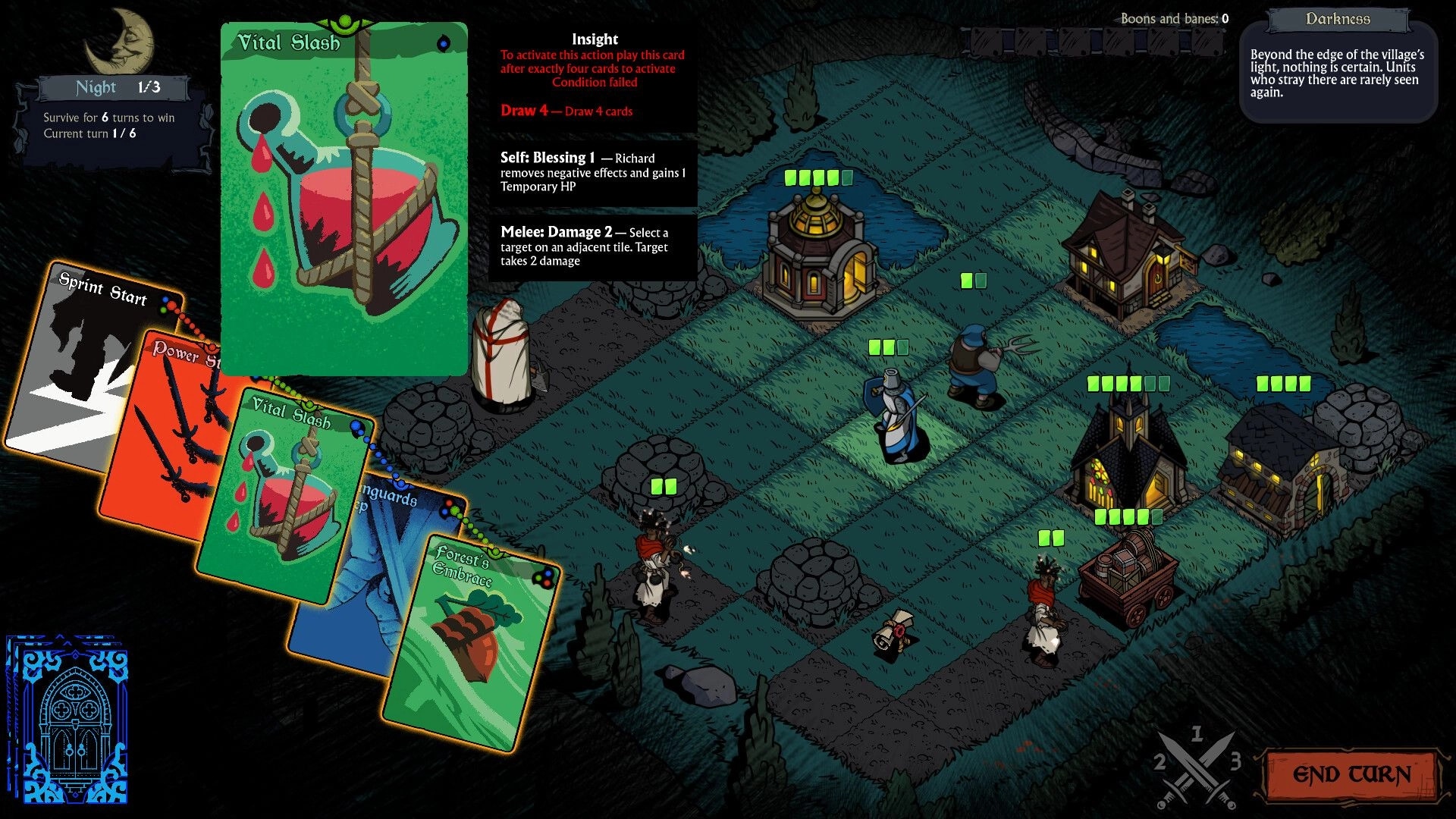 The Vow: Player strategizes with cards in a grid-based village setting during a cursed night.