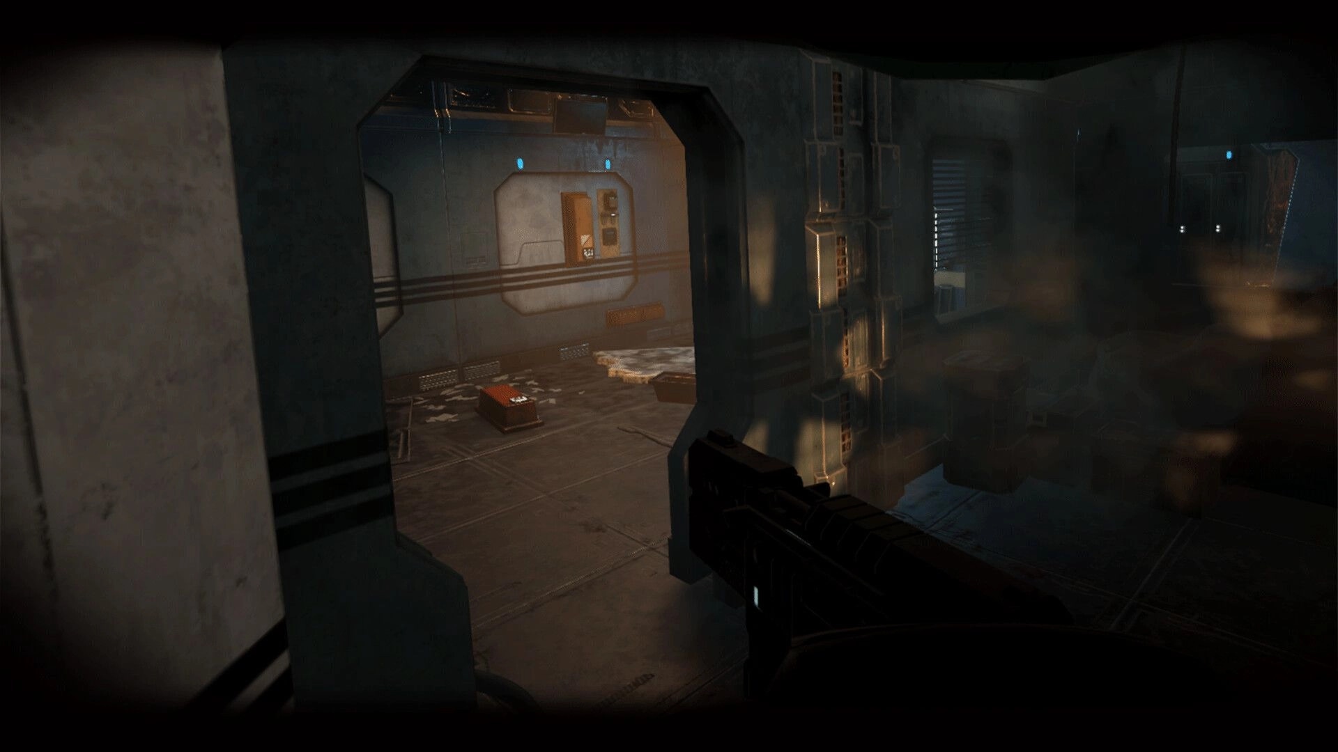 The Warp: First-person view holding a gun in dimly lit corridor with debris and smoke in Cephisso ship.