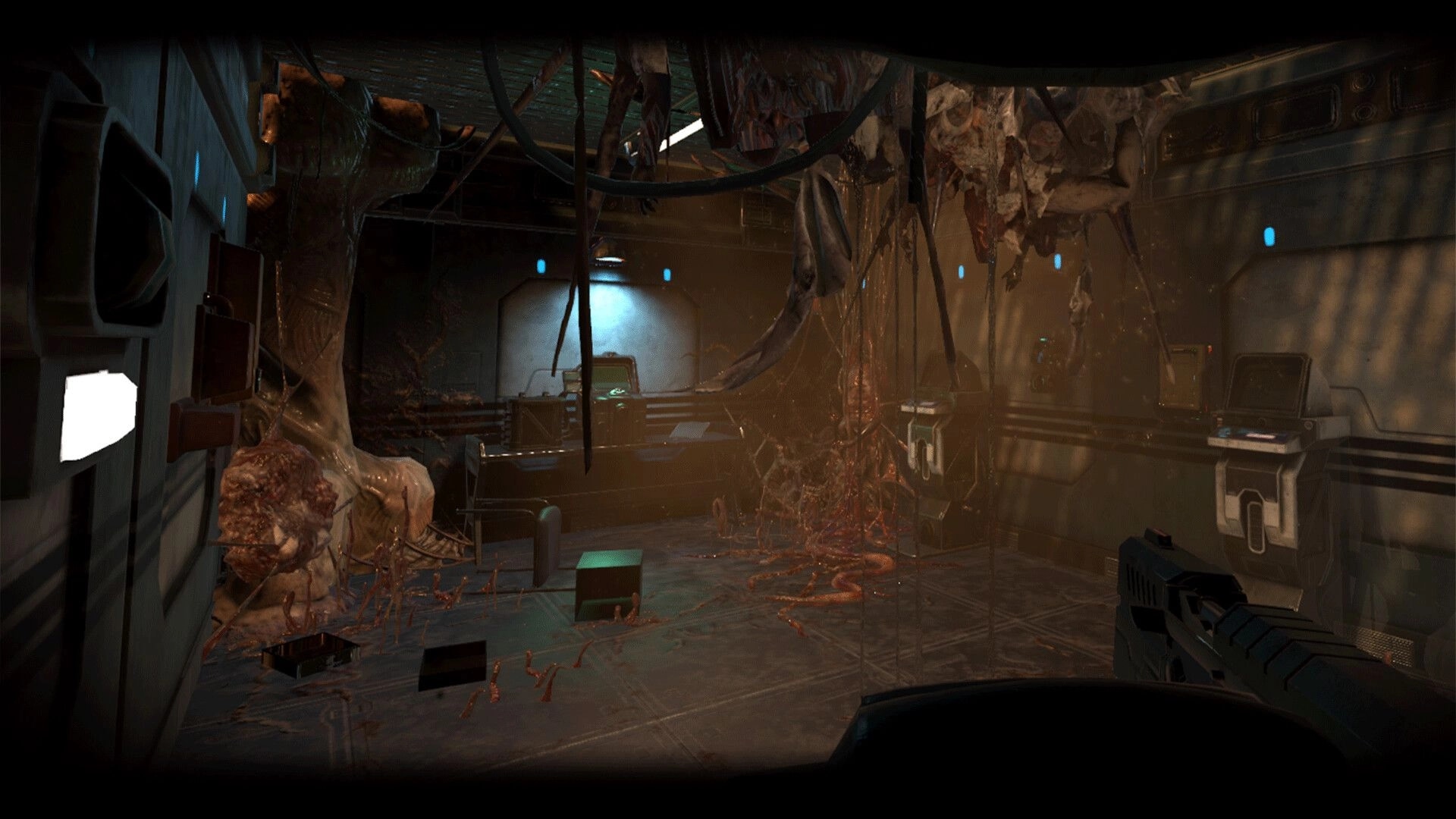 The Warp: Navigating infested corridor with organic growths and computer terminals in dimly lit room