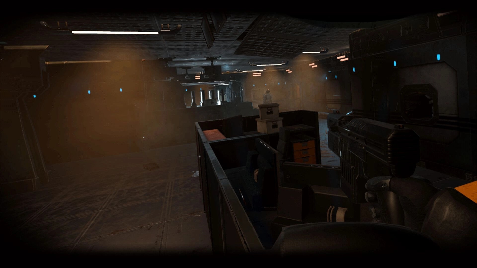 The Warp: First-person view with JDE bolt-action in dim, industrial corridors of Cephisso spaceship
