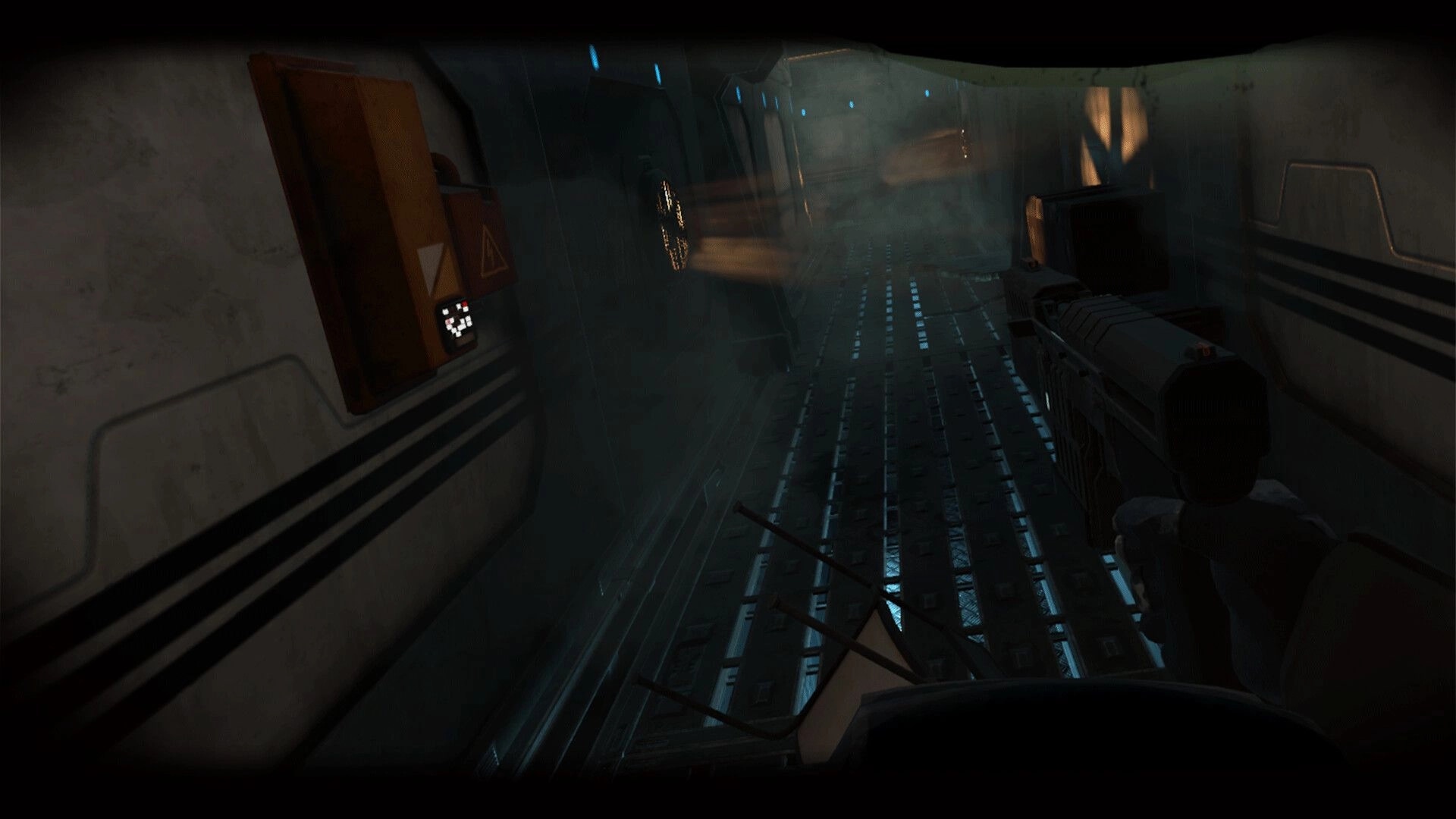 The Warp: Player holding a weapon in dimly lit, fog-filled corridor with industrial wall panels