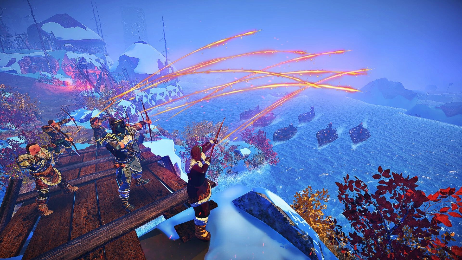 The Way of Wrath: Archers firing flaming arrows at approaching boats in a snowy coastal village setting