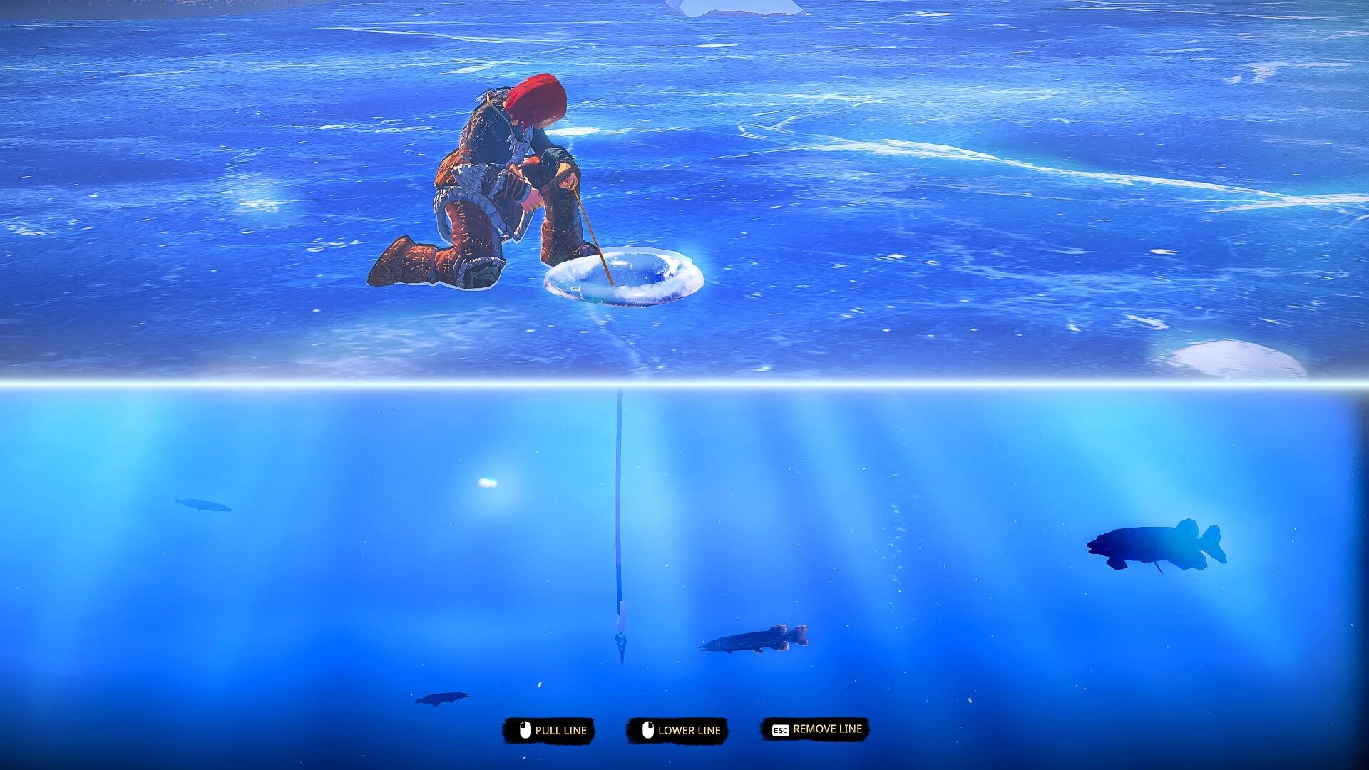 The Way of Wrath: Character ice fishing on frozen lake with underwater view and fish visible