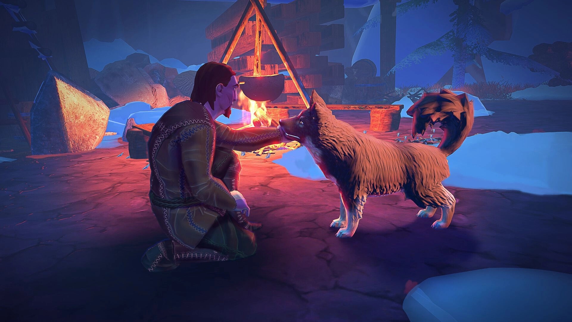 The Way of Wrath: Chieftain interacts with a loyal dog by a campfire in a snowy wilderness setting.