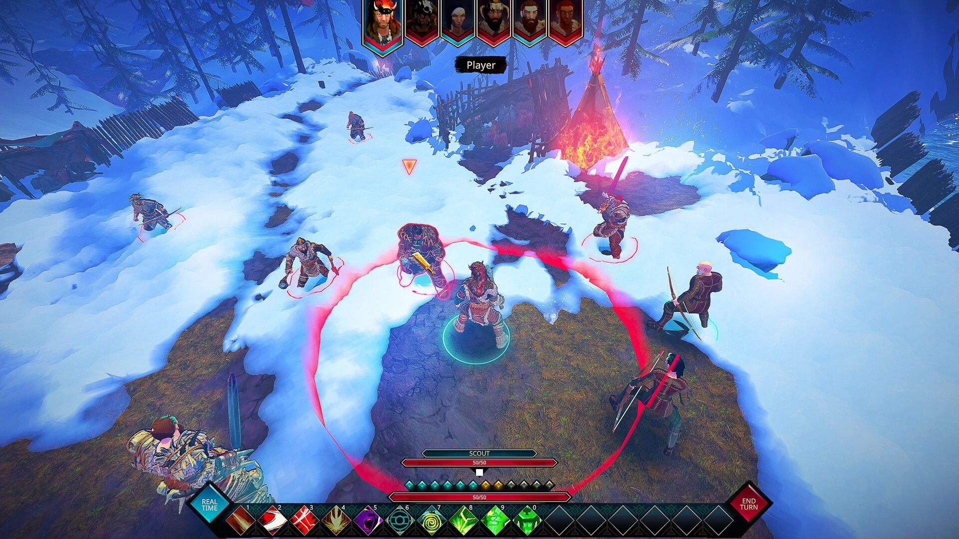 The Way of Wrath: Tactical combat with tribal warriors on snowy terrain, UI shows health and actions