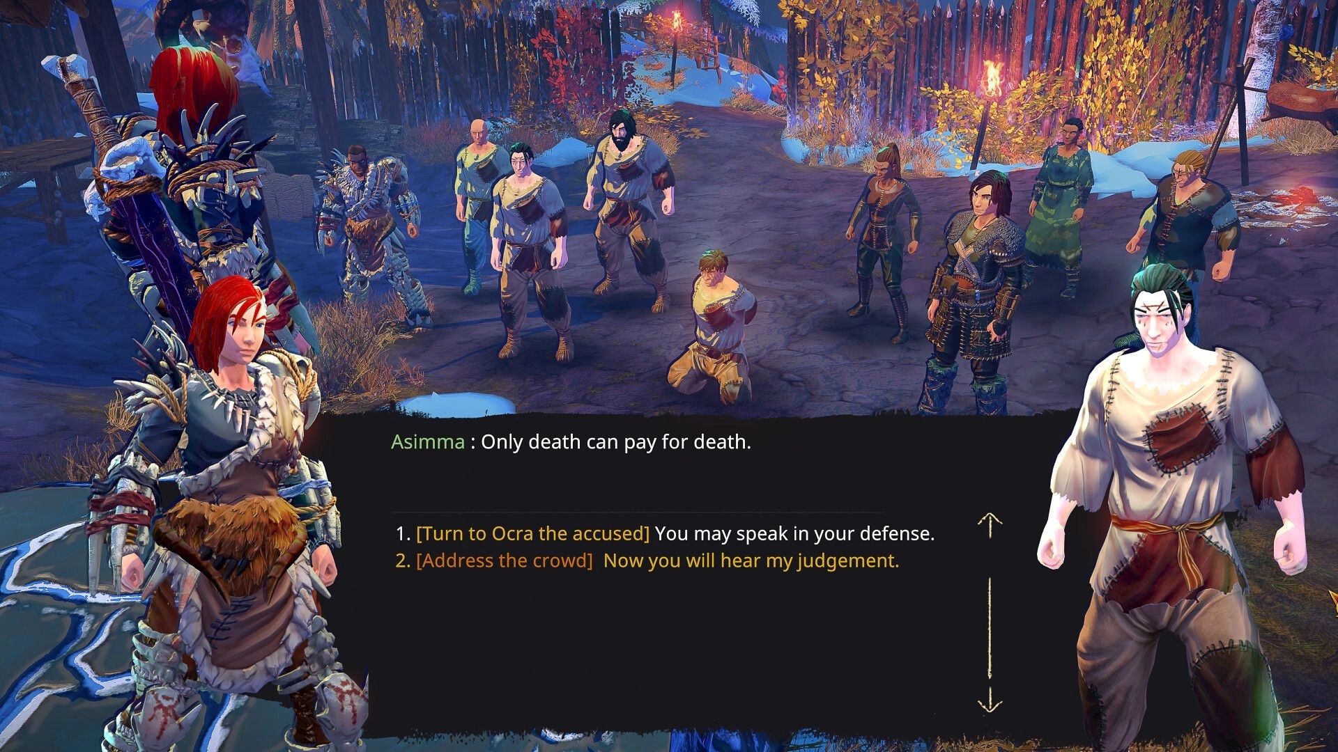 The Way of Wrath: Asimma confronts a group in snowy forest, dialogue options visible on screen.