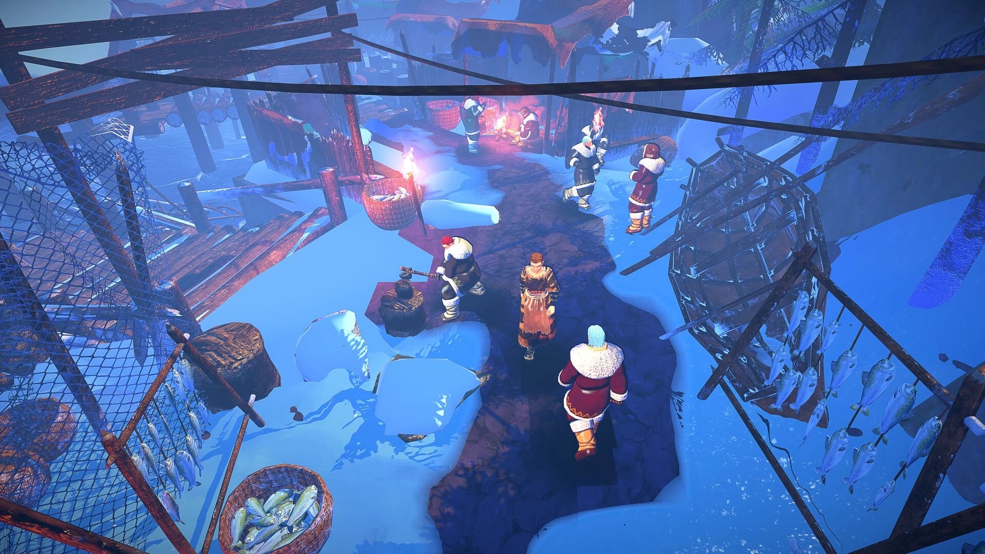 The Way of Wrath: Tribal chieftain leads group through snowy village with drying fish and lit torches.