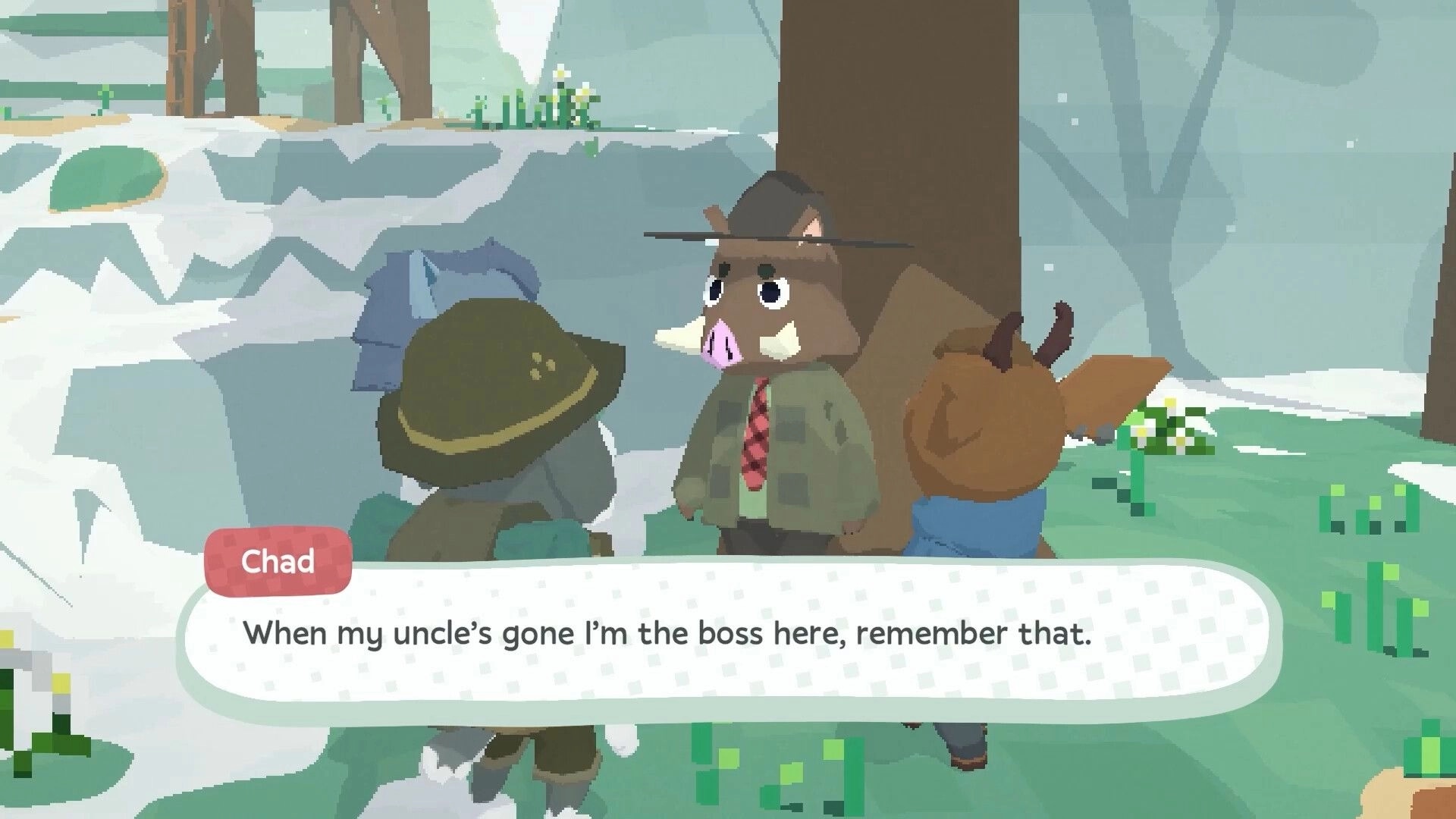 The Well’s Blessing: Dialogue with Chad the boar NPC beside snowy rocks and daisies outdoors.