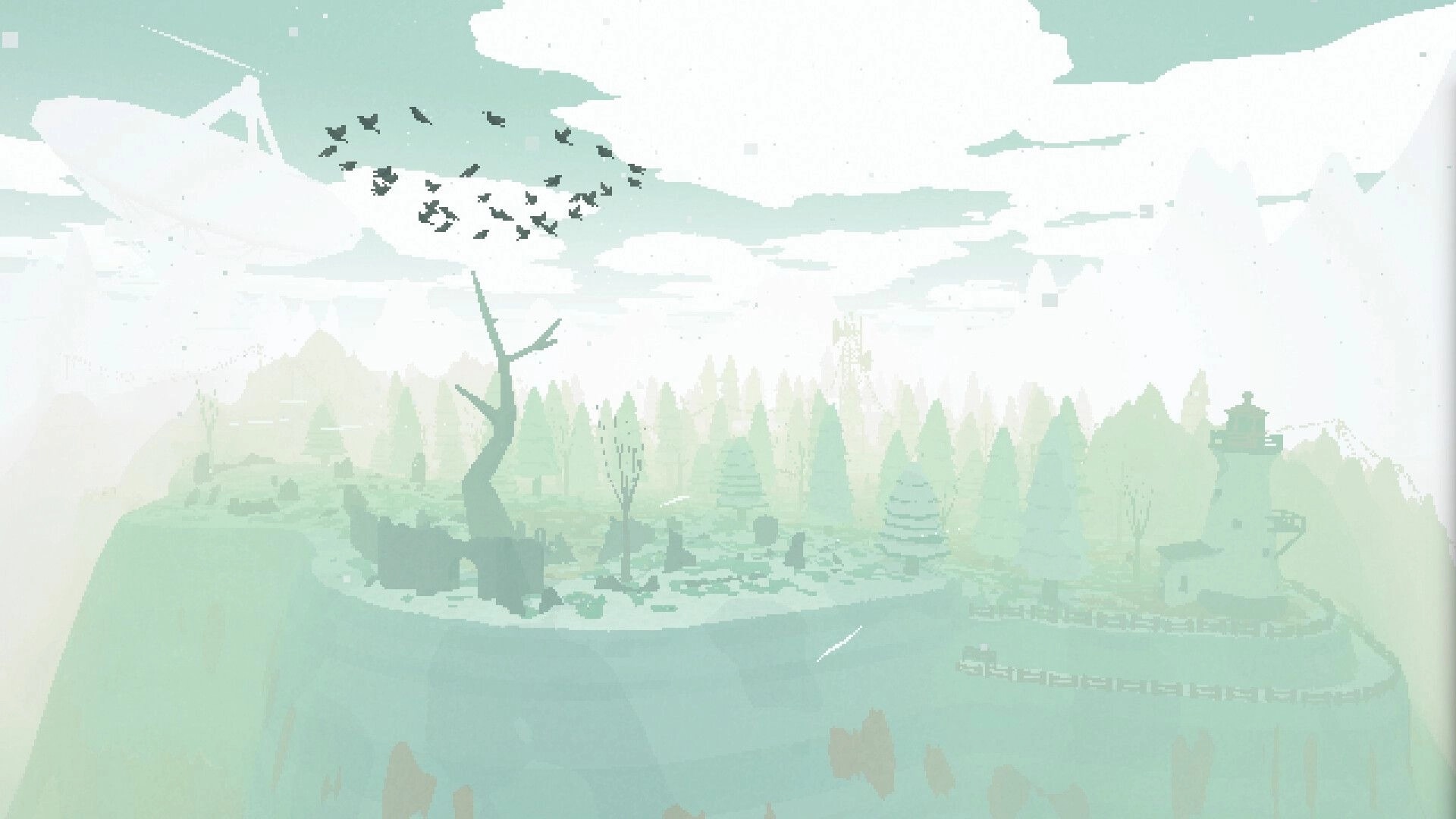 The Well’s Blessing: Flock of birds over misty forest cliffs with a lone twisted tree and ruins.