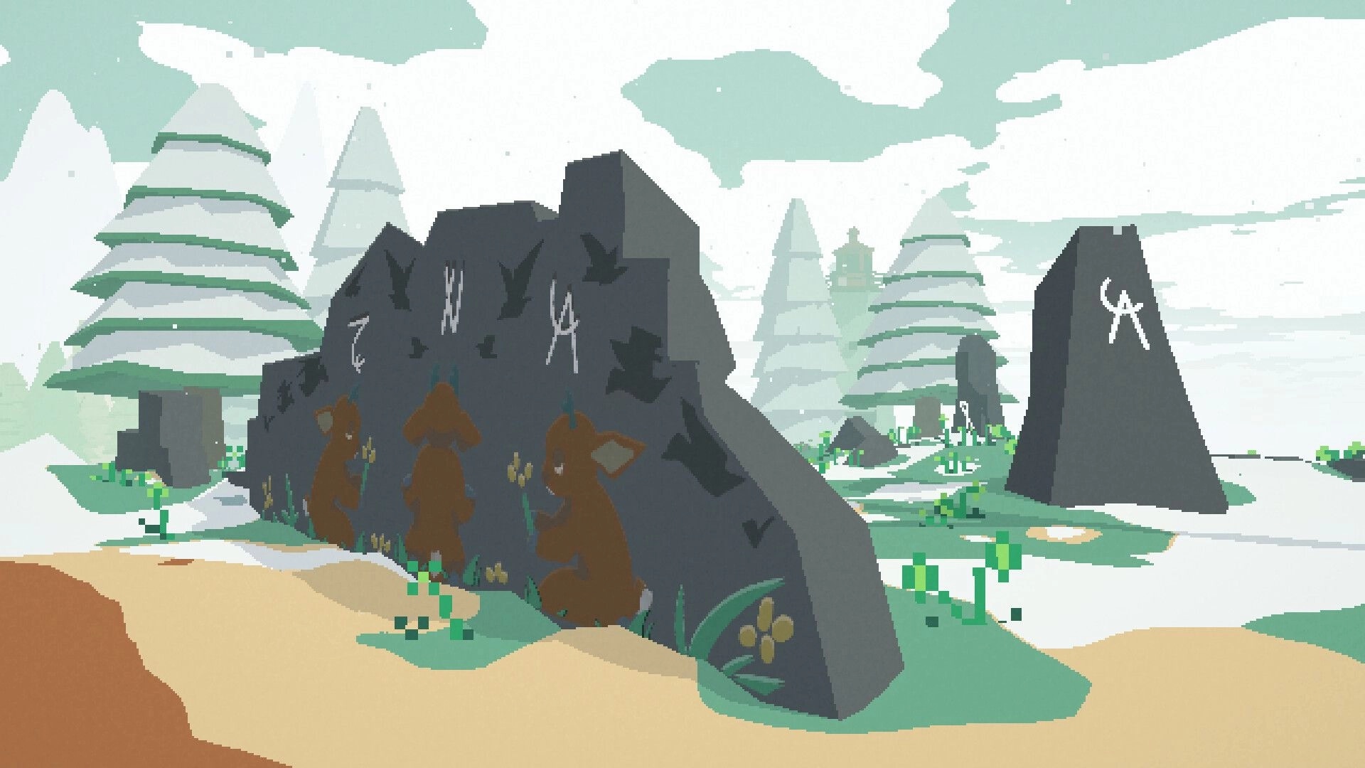 The Well’s Blessing: Stone monoliths with runes and animal paintings in a snowy forest clearing.