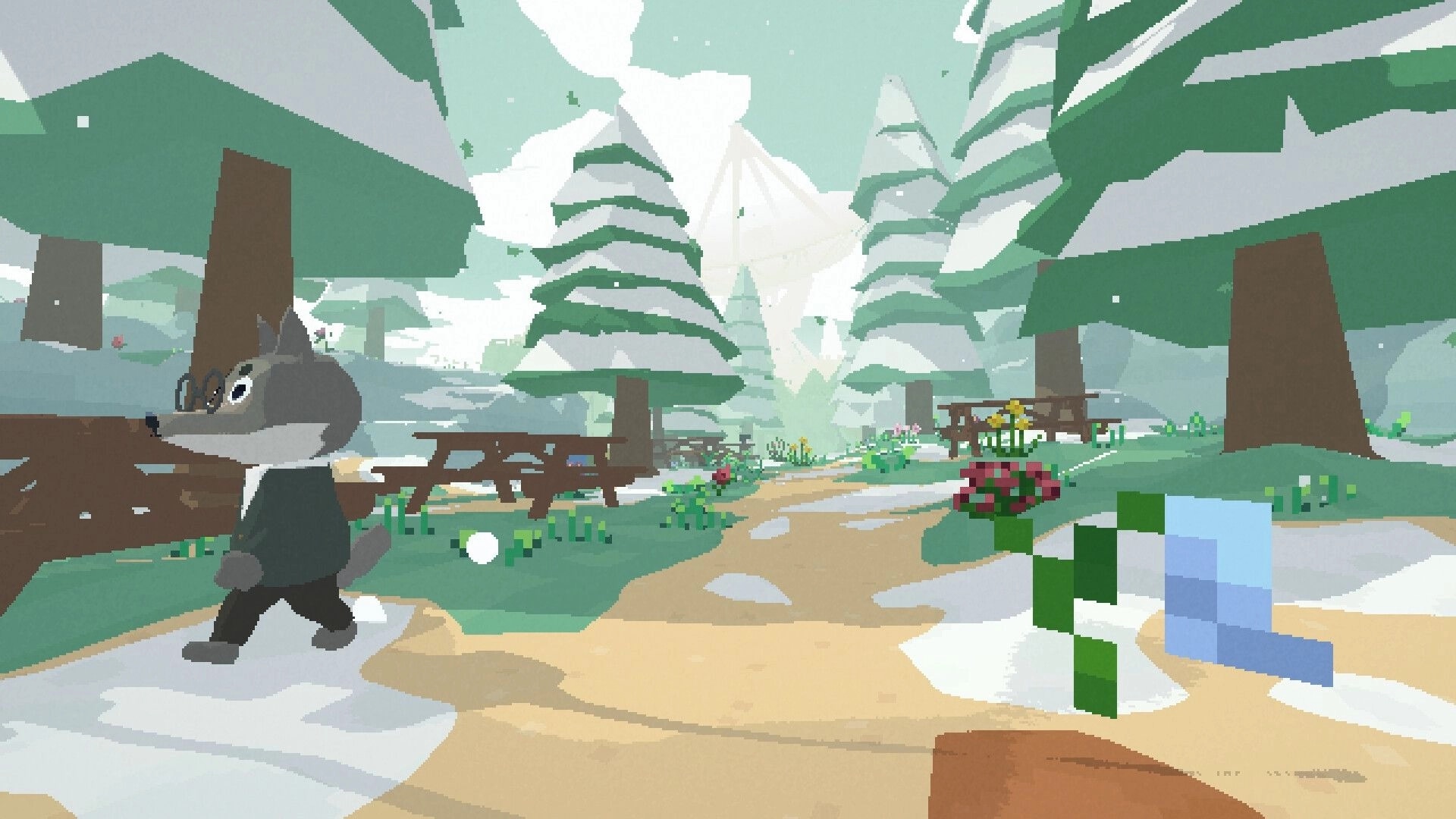 The Well’s Blessing: Wolf-like character walking along snowy forest path with benches and flowers.