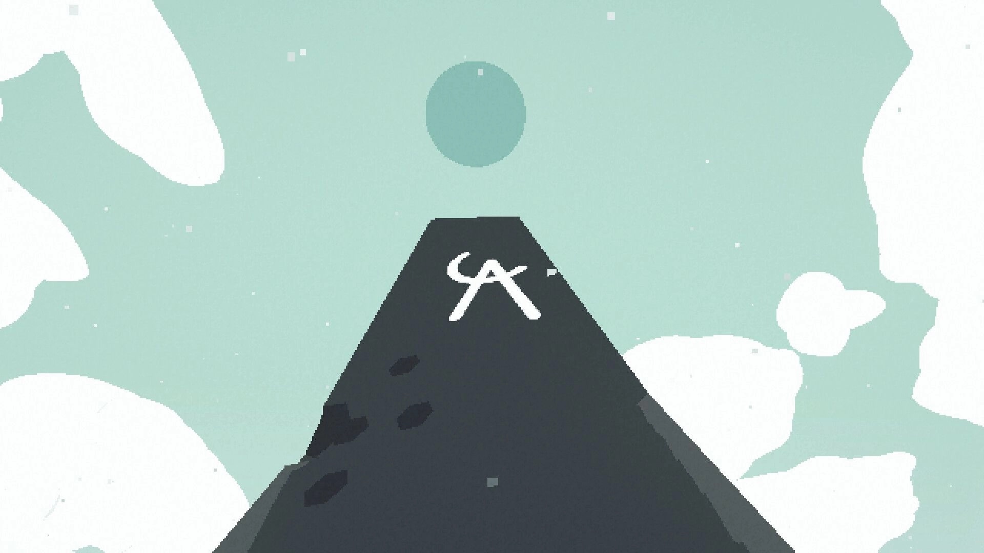 The Well’s Blessing: White rune symbol on a dark mountain peak beneath pale sky and clouds.