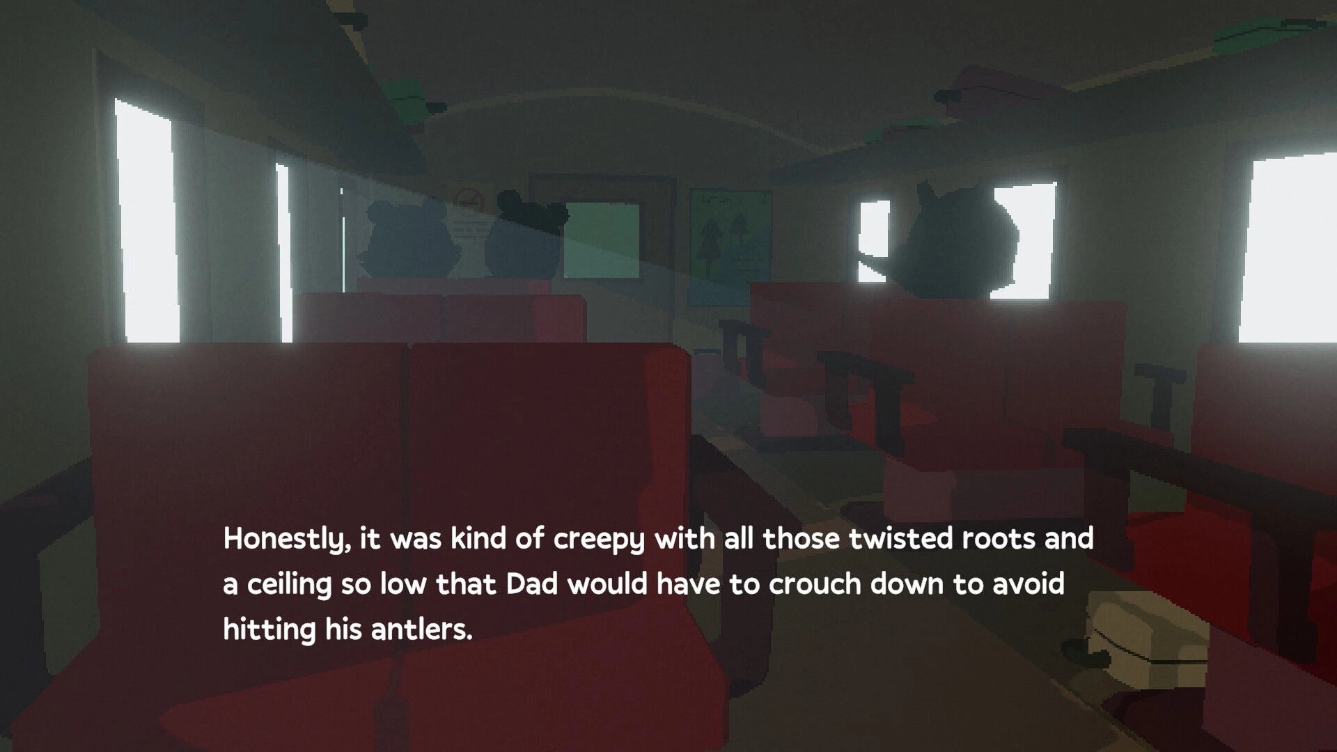 The Well’s Blessing: Dialogue text over empty red bus seats inside a dim, sunlit vehicle cabin.