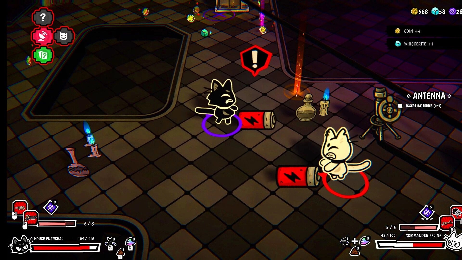 The Whisker Watch: Two cats grab batteries by an antenna objective in a dim tiled room with UI bars.