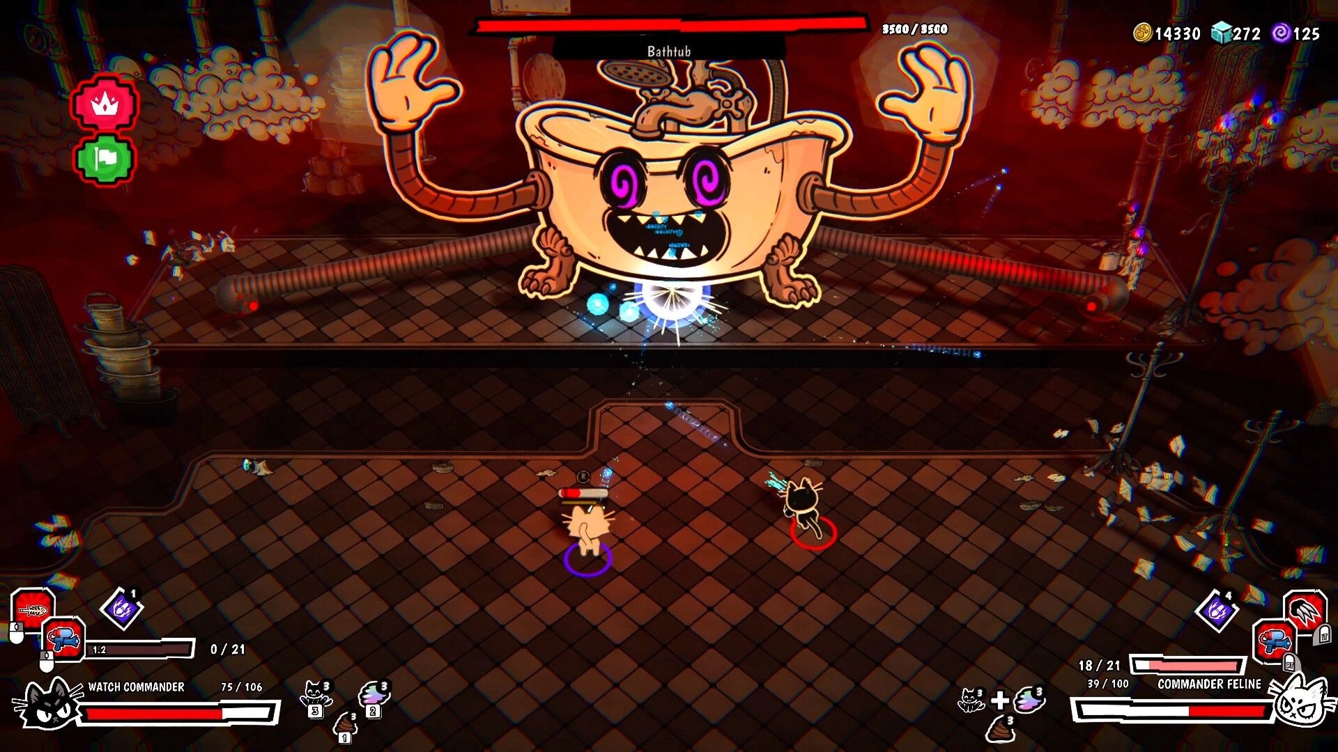 The Whisker Watch: Two cats fight a bathtub boss in a tiled bathroom arena with health UI and coins.