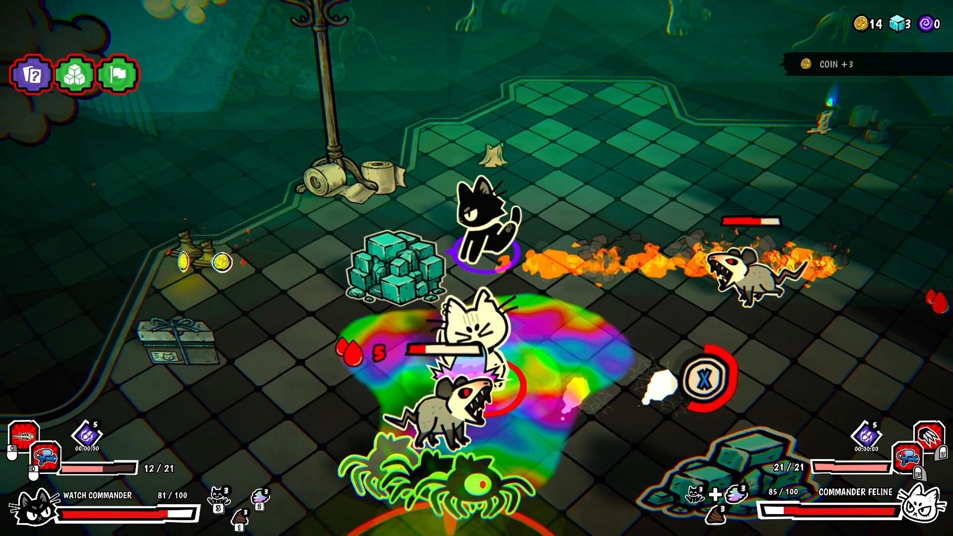 The Whisker Watch: Two cats battle snarling rats amid rainbow goo on a tiled room floor with HUD.
