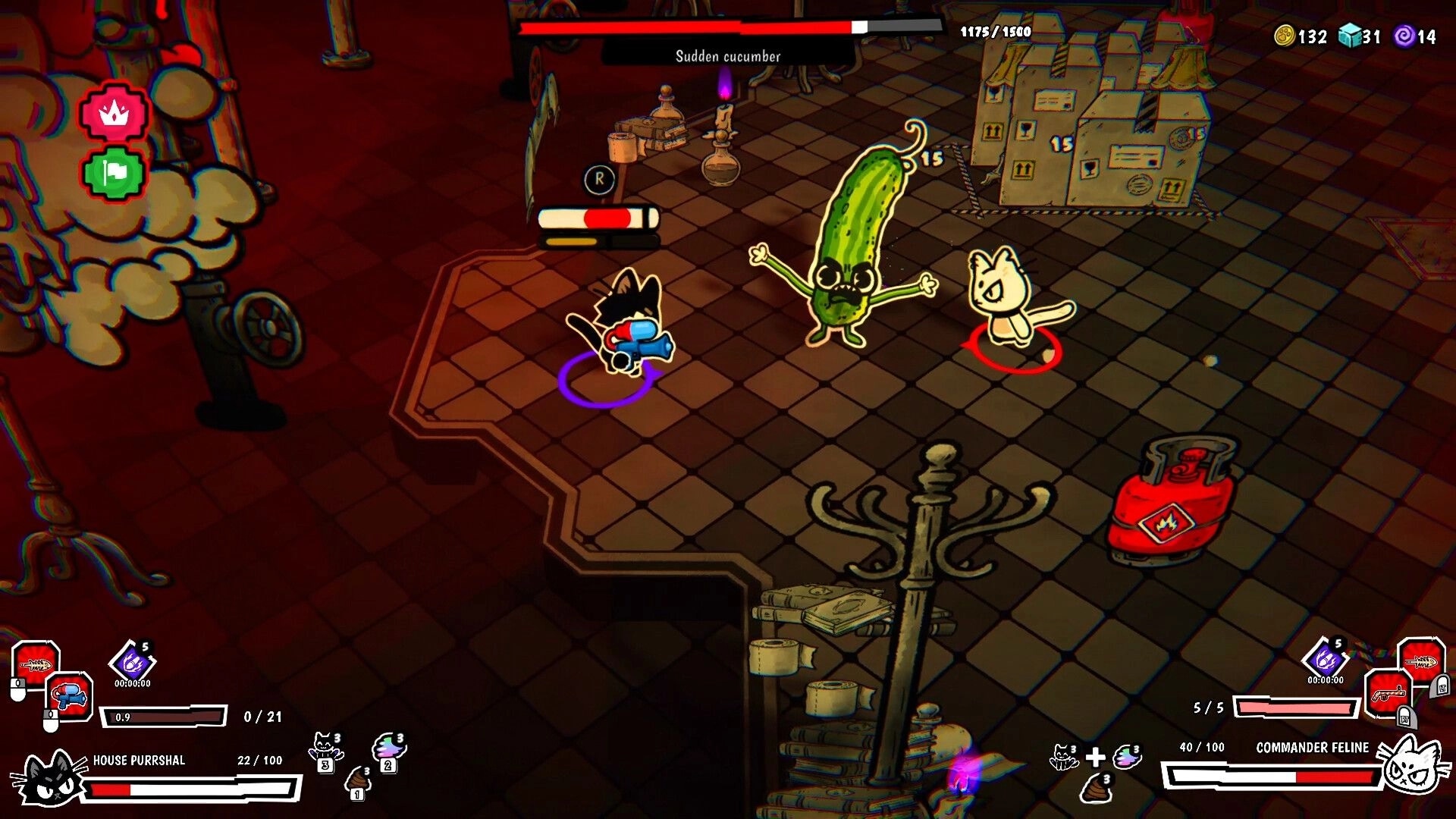 The Whisker Watch: Two cats battle a giant cucumber boss in a tiled room with health bars and loot UI.