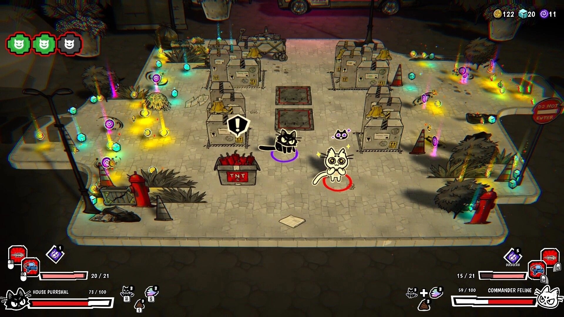 The Whisker Watch: Two cats amid loot drops and TNT crate in a boxed-in street arena with HUD.