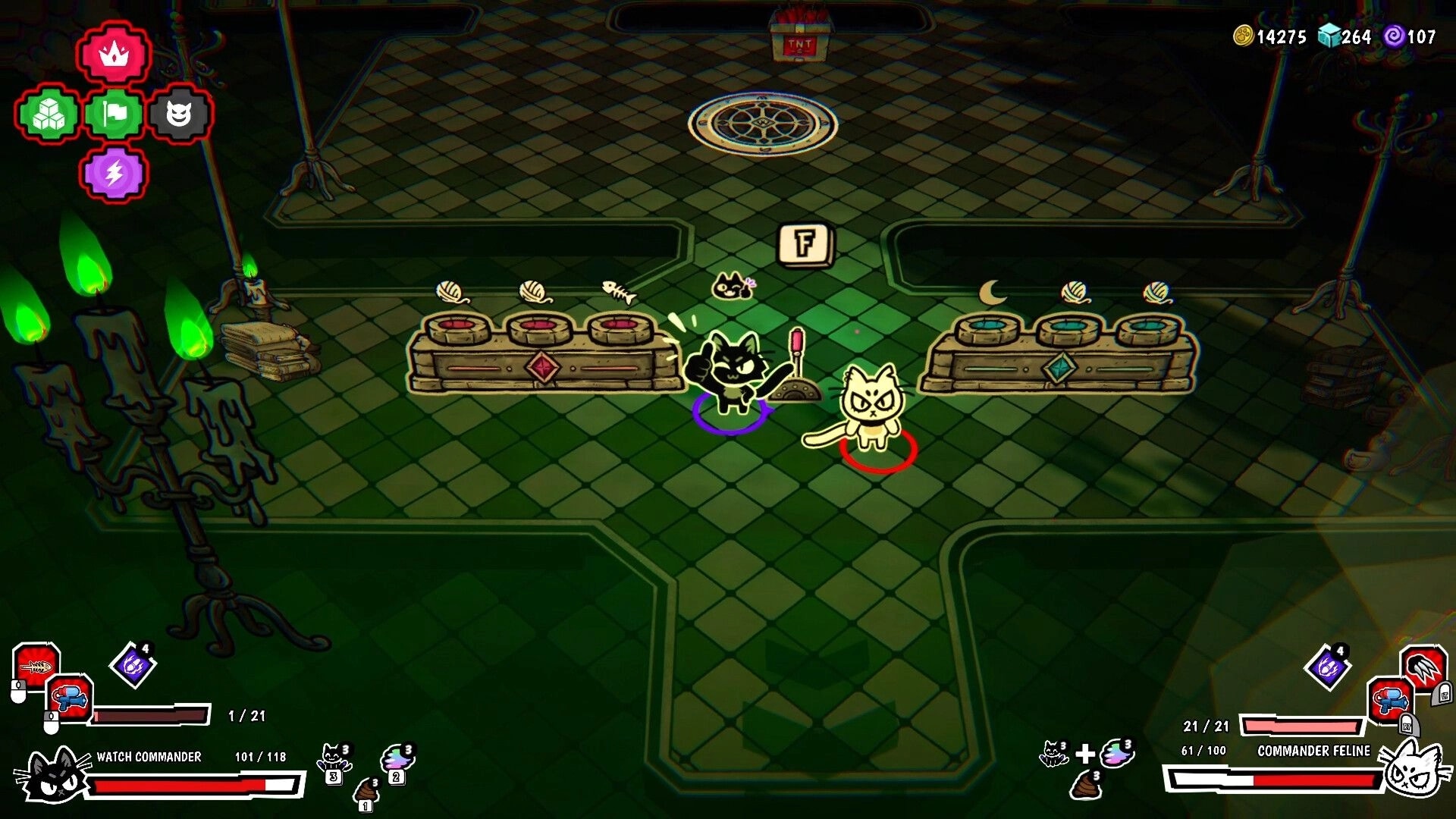 The Whisker Watch: Two cats stand by yarn upgrade altars in a candlelit tiled room with HUD stats.