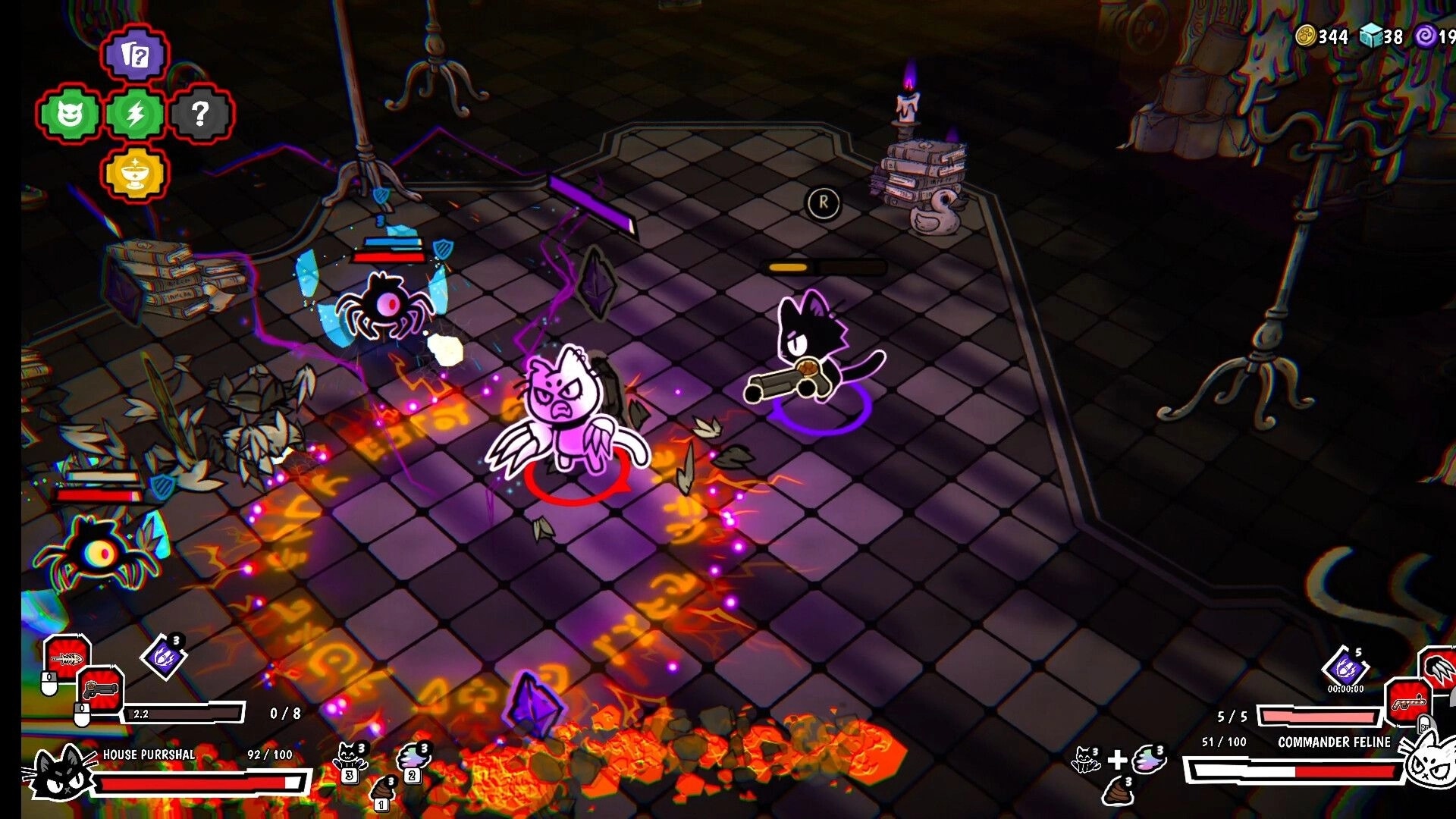 The Whisker Watch: Two cats fight a glowing spider monster on a tiled mansion floor with HUD bars.