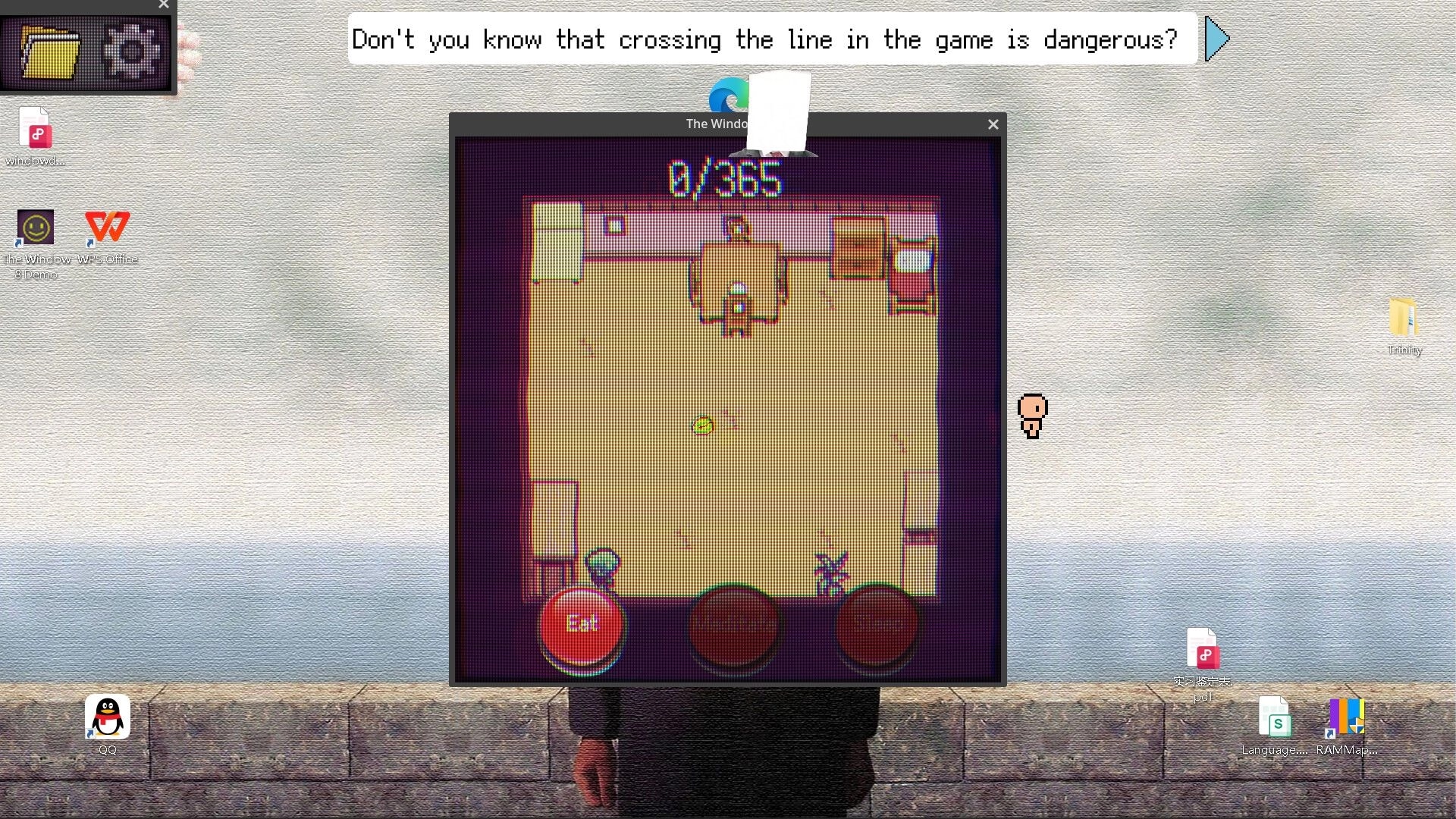 The Window 8: Character in a room with furniture, dialog box warning of danger, desktop background