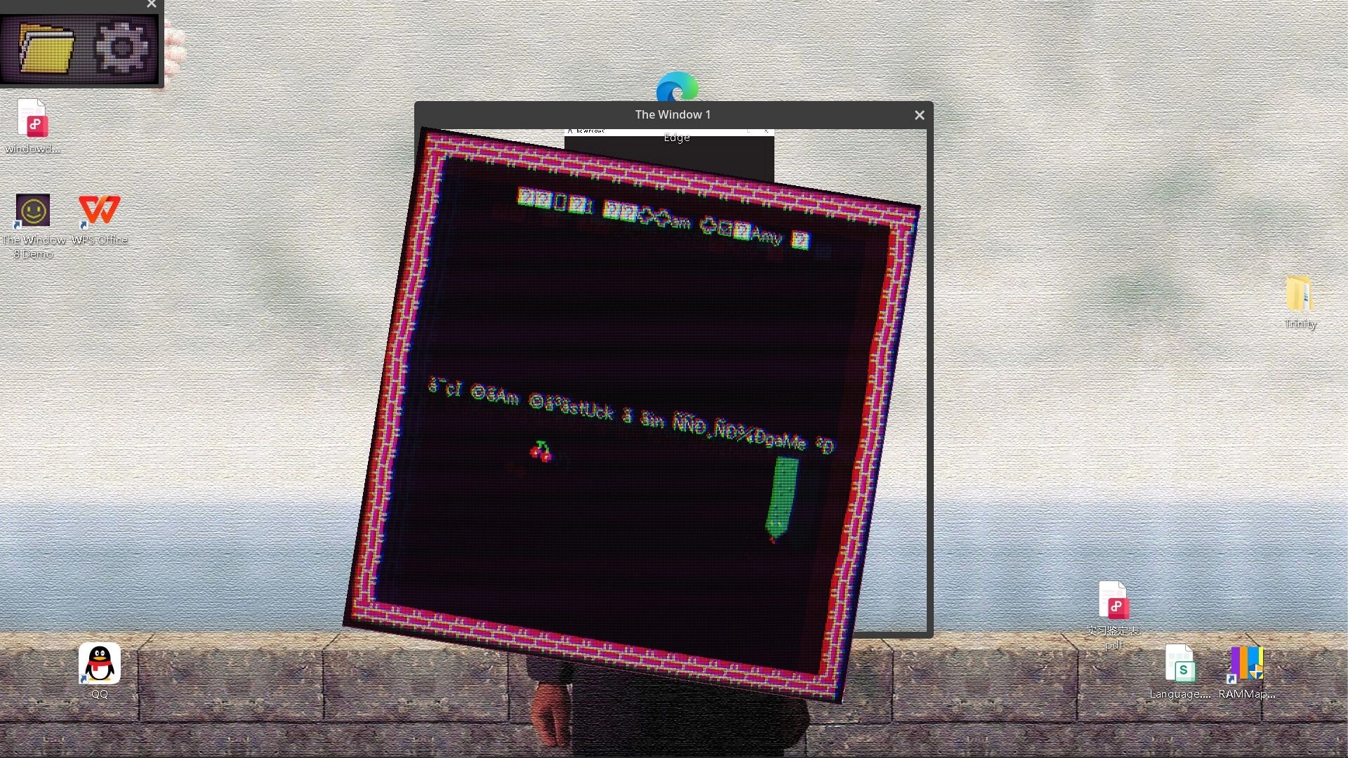 The Window 8: Glitched text on distorted retro game screen over desktop background with icons