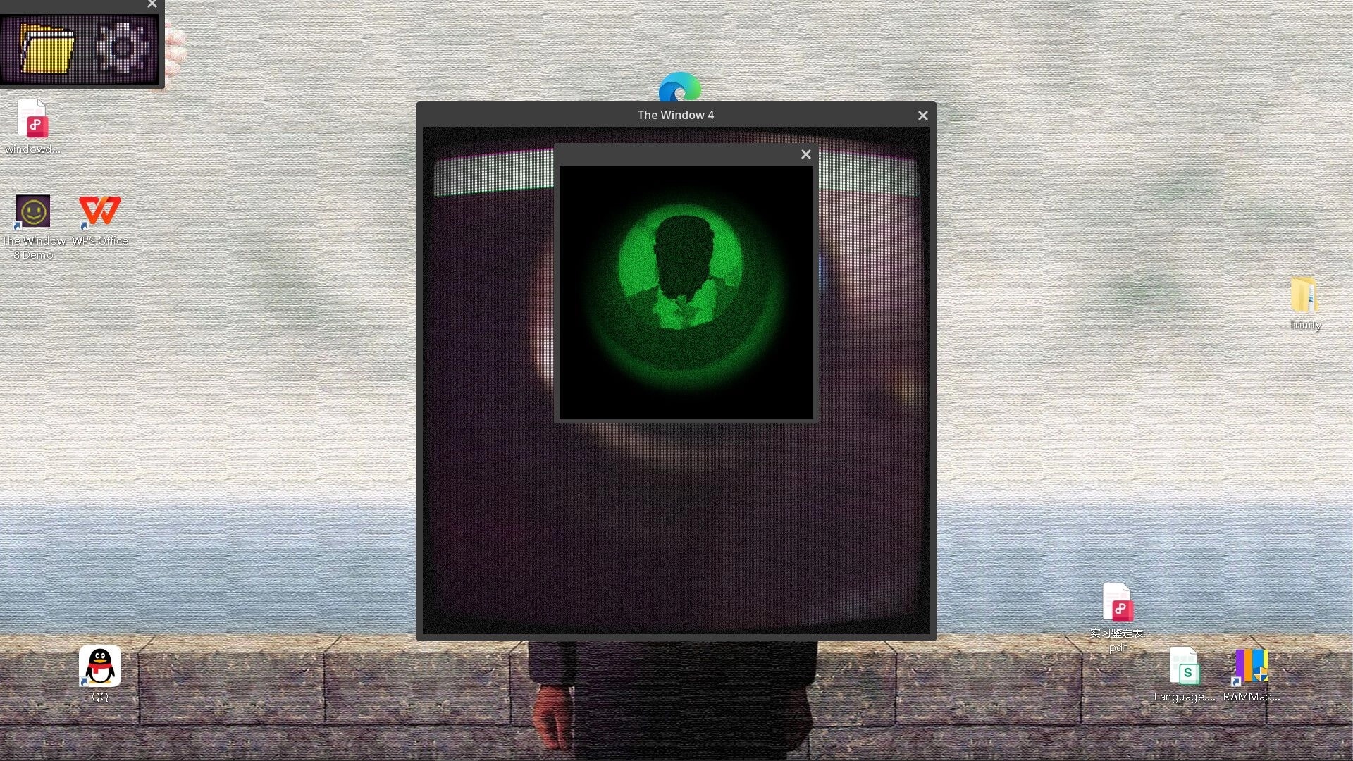 The Window 8: Green silhouette on screen with desktop icons and blurred ocean background