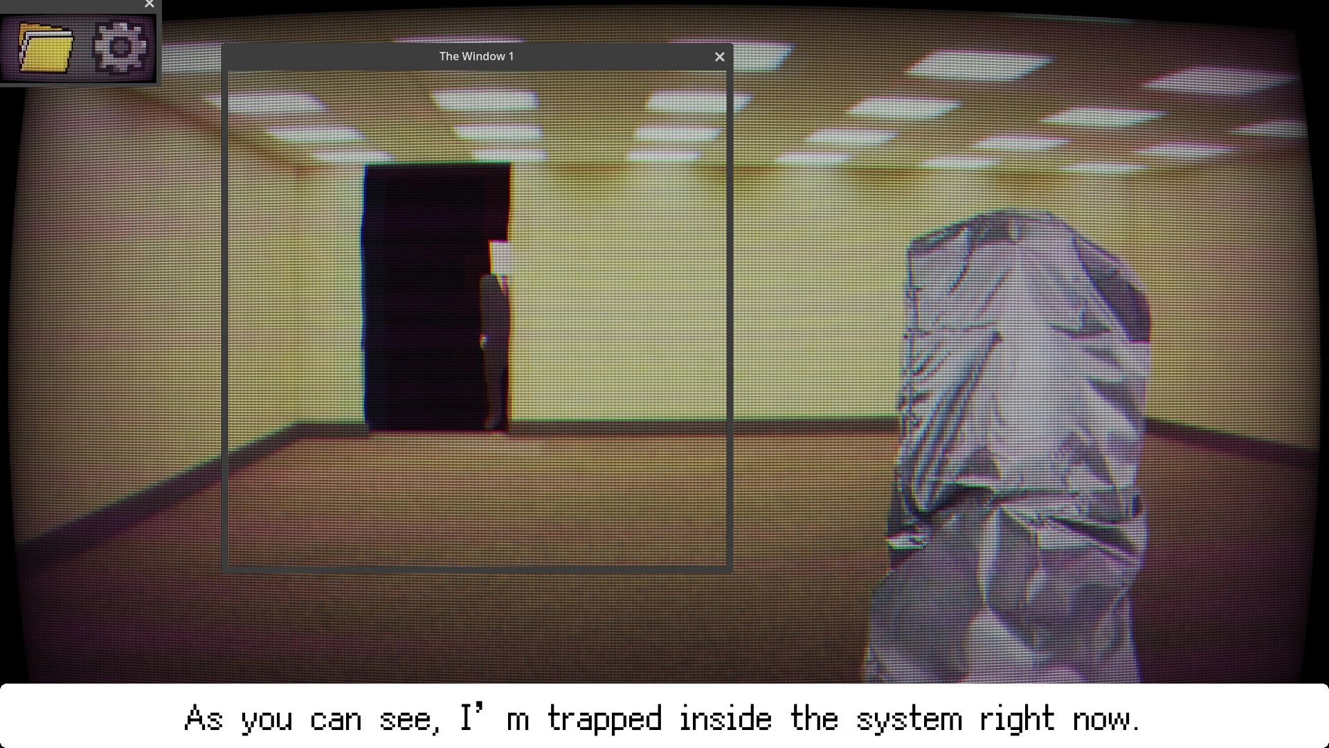 The Window 8: Mysterious shrouded figure in dimly lit room with text overlay and retro UI elements