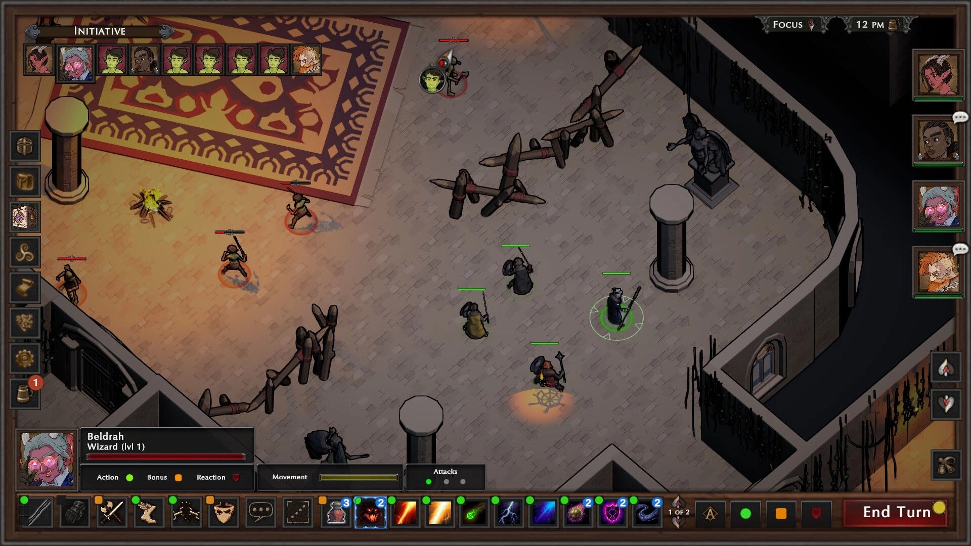 The Wyndfinder: Turn-based combat UI with initiative bar and party in a ruined hall, End Turn ready.