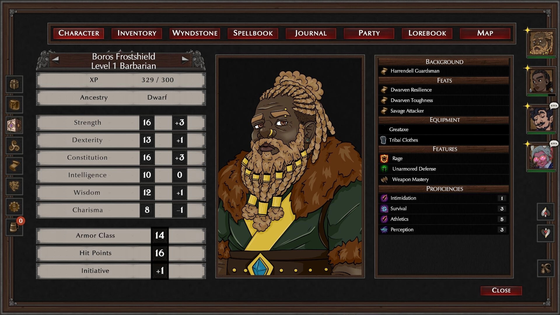 The Wyndfinder: Character sheet for Boros Frostshield with stats, feats, and party portraits UI.